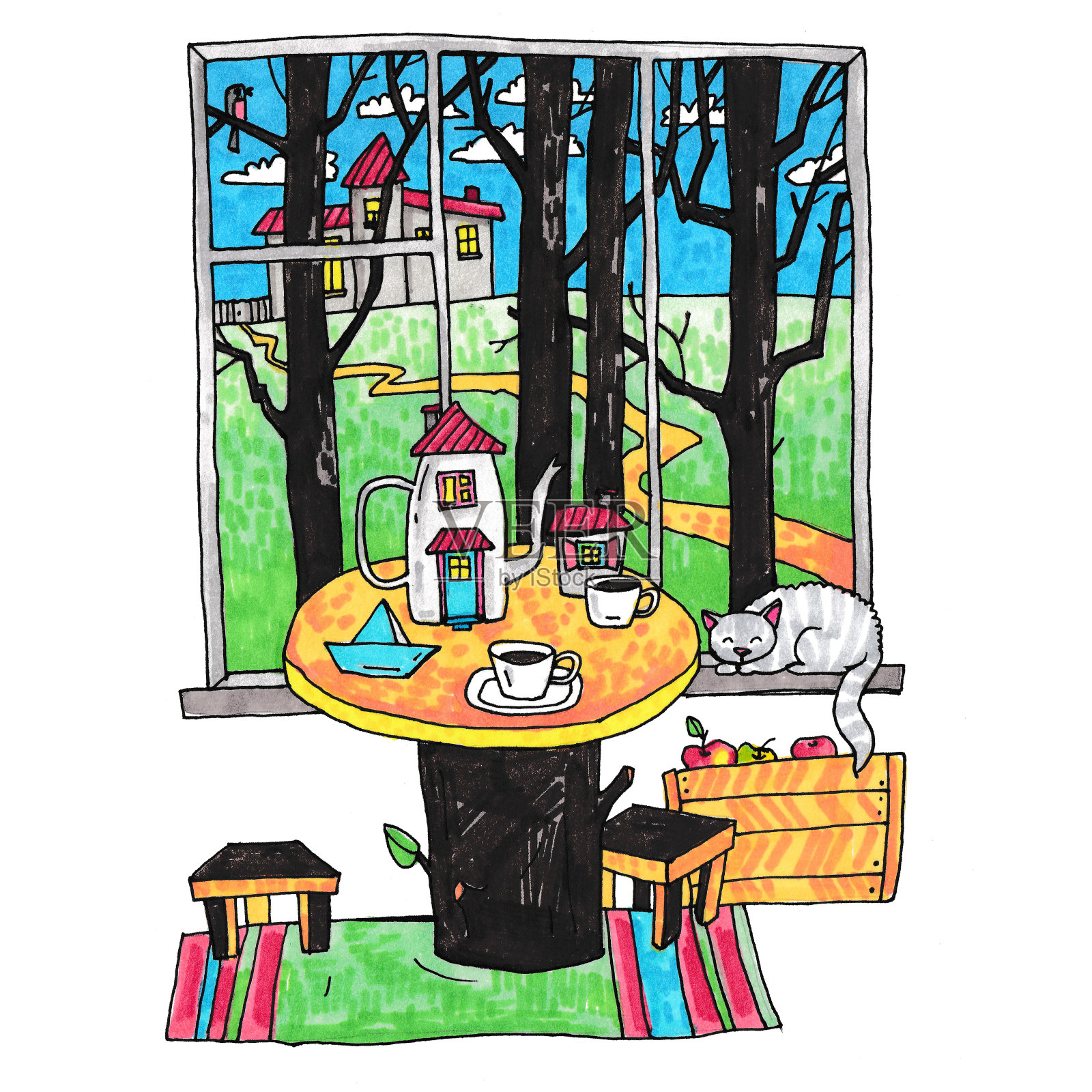 窗外的风景插图，桌子上放着茶和苹果插画图片素材