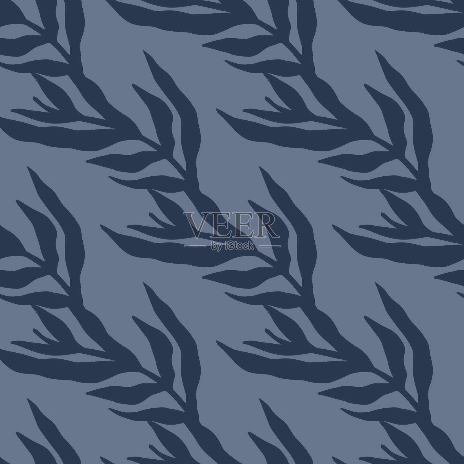 抽象的丛林植物剪影叶无缝图案在蓝色的颜色。几何热带树叶墙纸。插画图片素材