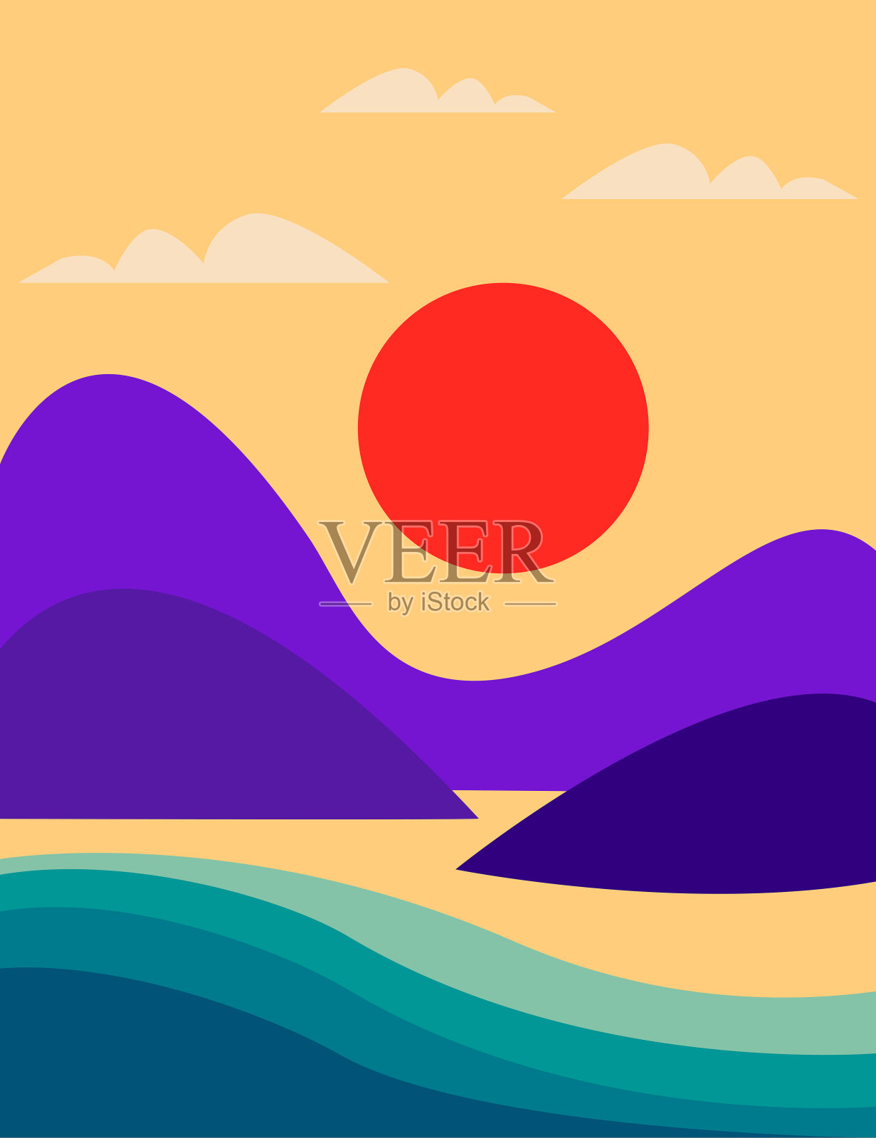 有山脉、大海和橙色太阳的海景。平直风格的海洋缤纷夏日景观。矢量插图与卡通抽象景观。插画图片素材
