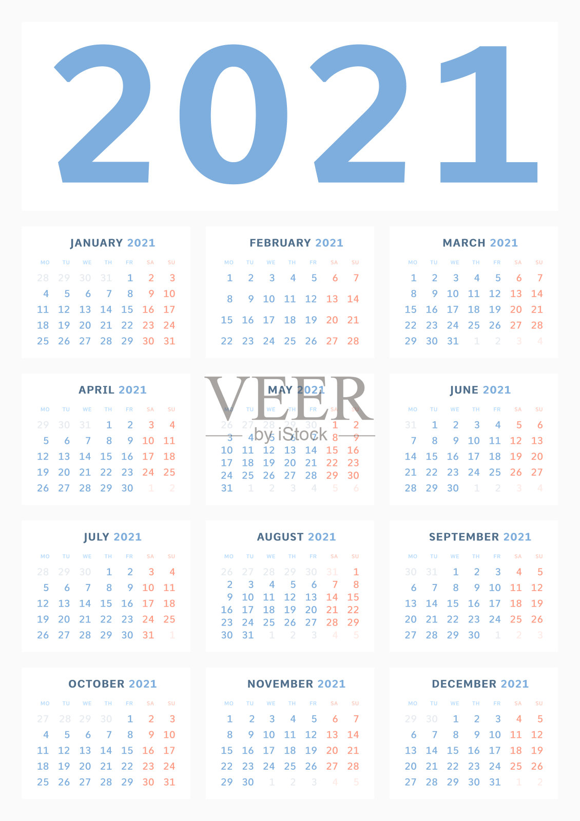 经典简约风格的2021年挂历模板。下周一开始。商业插图。每月的日历。垂直A1格式。准备打印设计模板素材