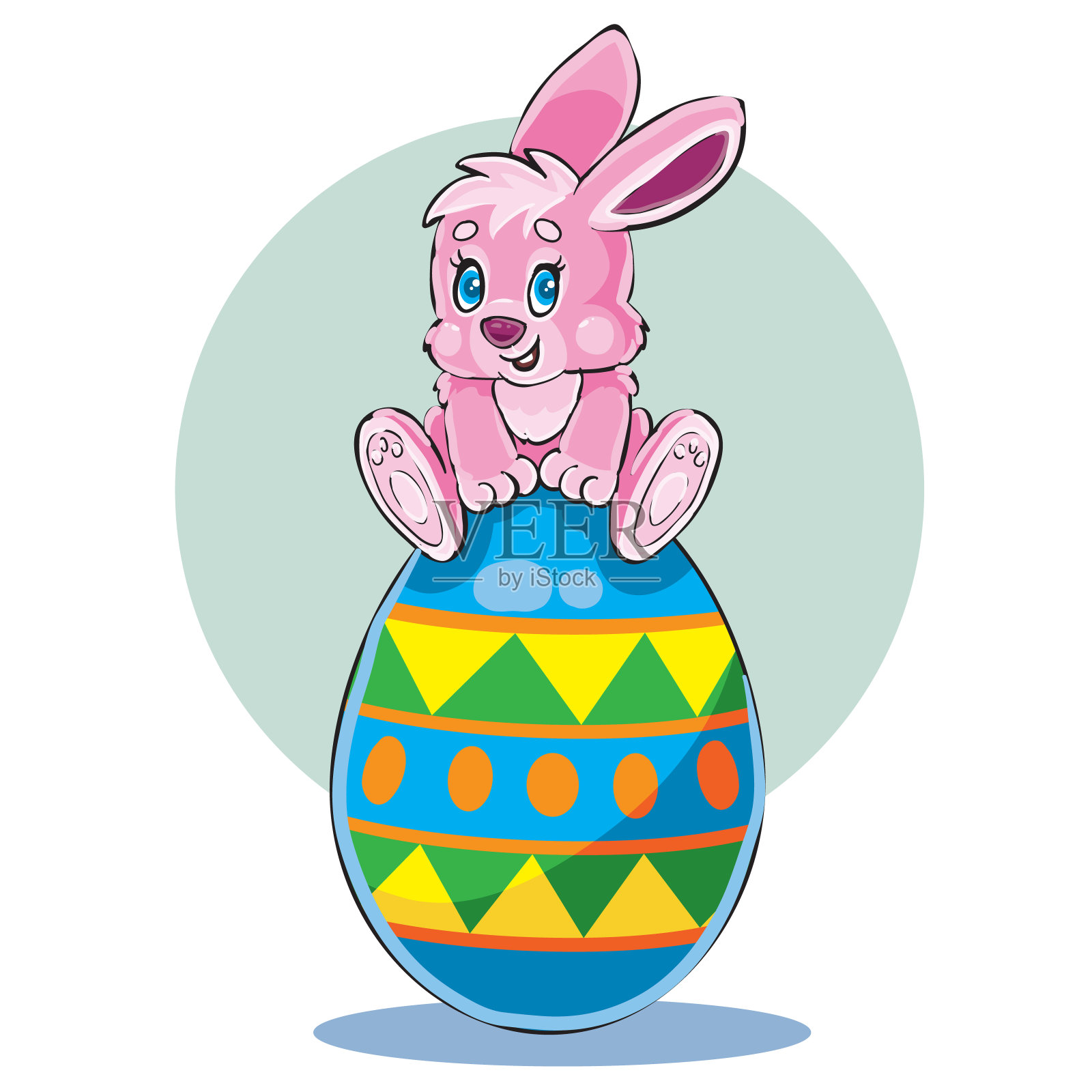 可爱的小兔子坐在一个五颜六色的大复活节彩蛋上，设计元素图片