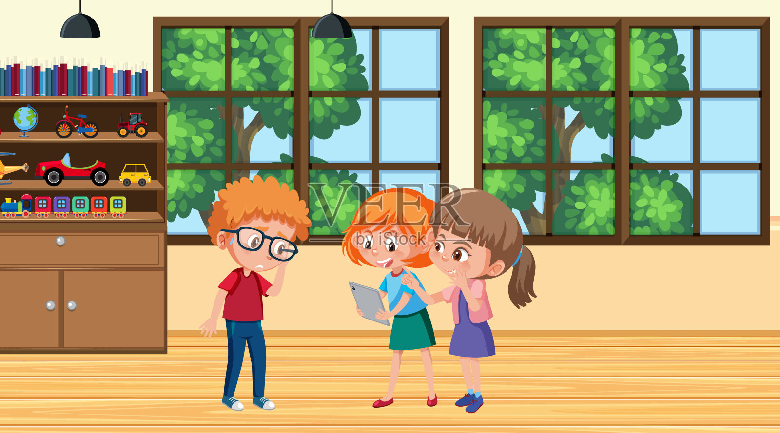背景场景男孩和女孩在学校插画图片素材