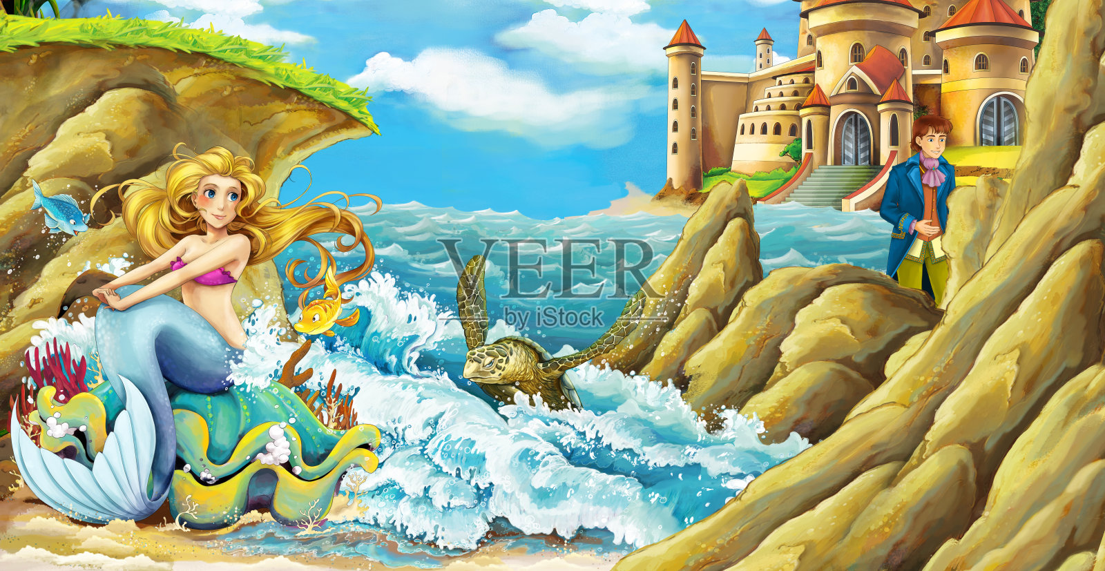 美人鱼公主在海边和美丽的城堡的卡通场景插画图片素材
