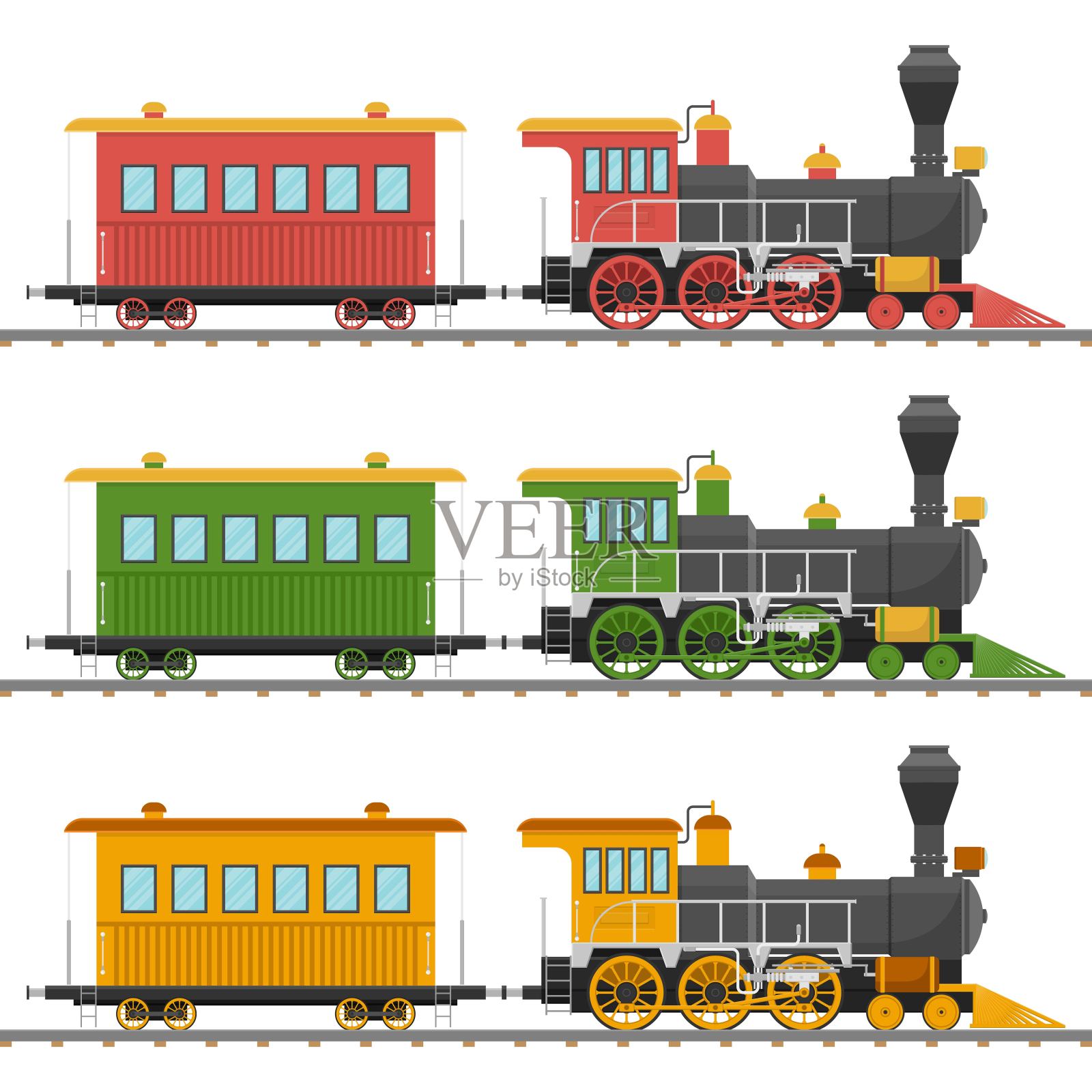 老式蒸汽机车和马车矢量插图孤立设计元素图片