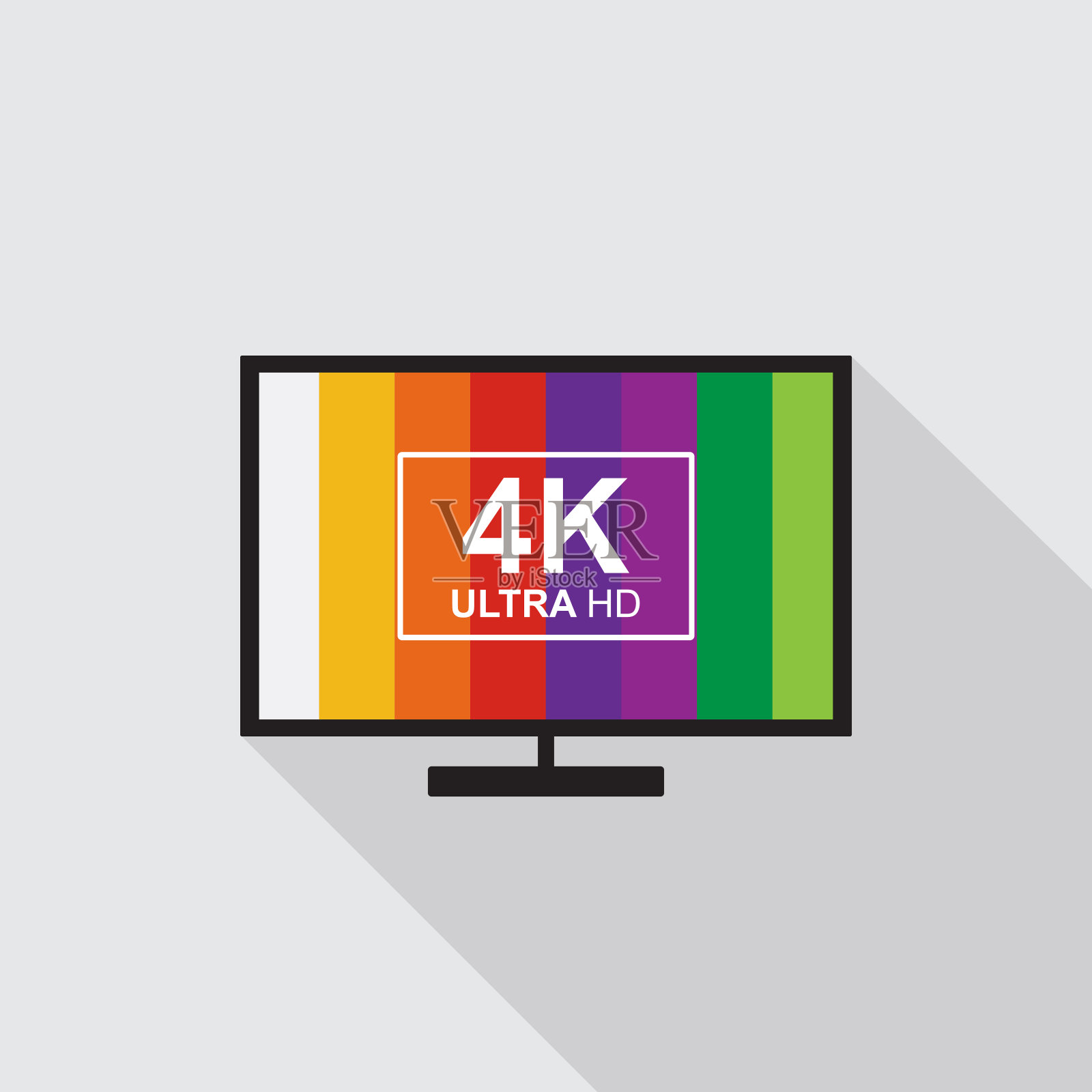 4K电视图标，黄色背景上有长阴影，平面设计风格插画图片素材