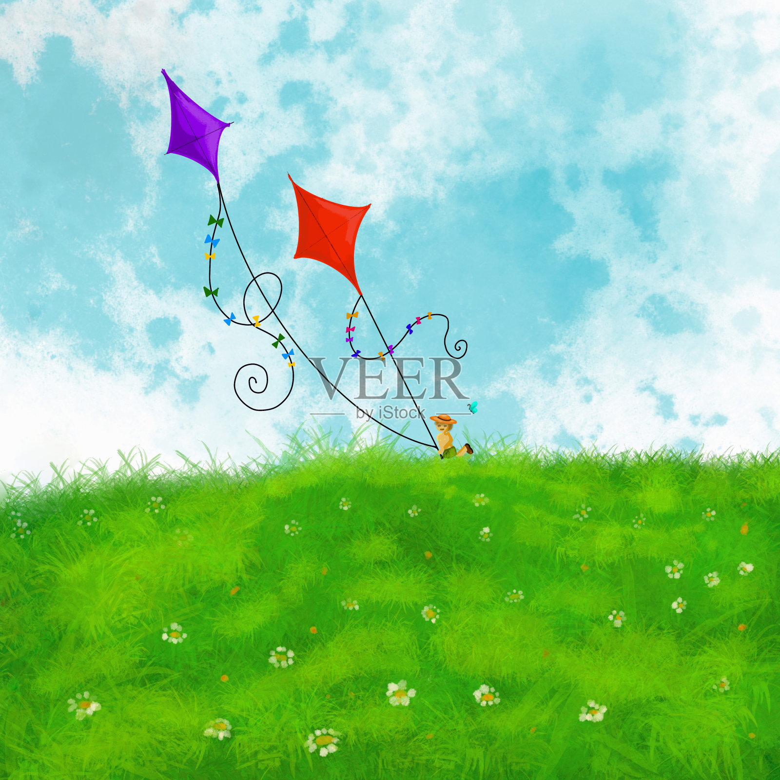 绿草如茵的风景里有两个小男孩牵着风筝。紫色和红色的风筝在空中飞舞。夏季插图与休闲活动。小男孩坐在草地上。插画图片素材