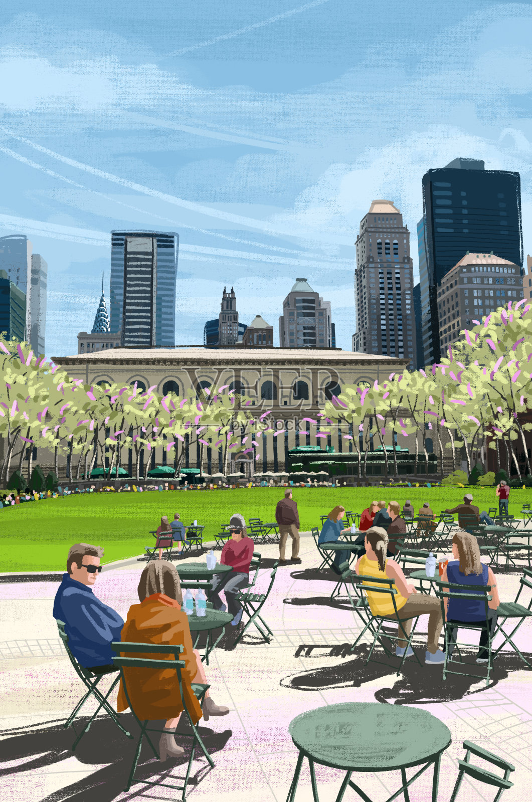 人们在曼哈顿中城布莱恩特公园放松插画图片素材