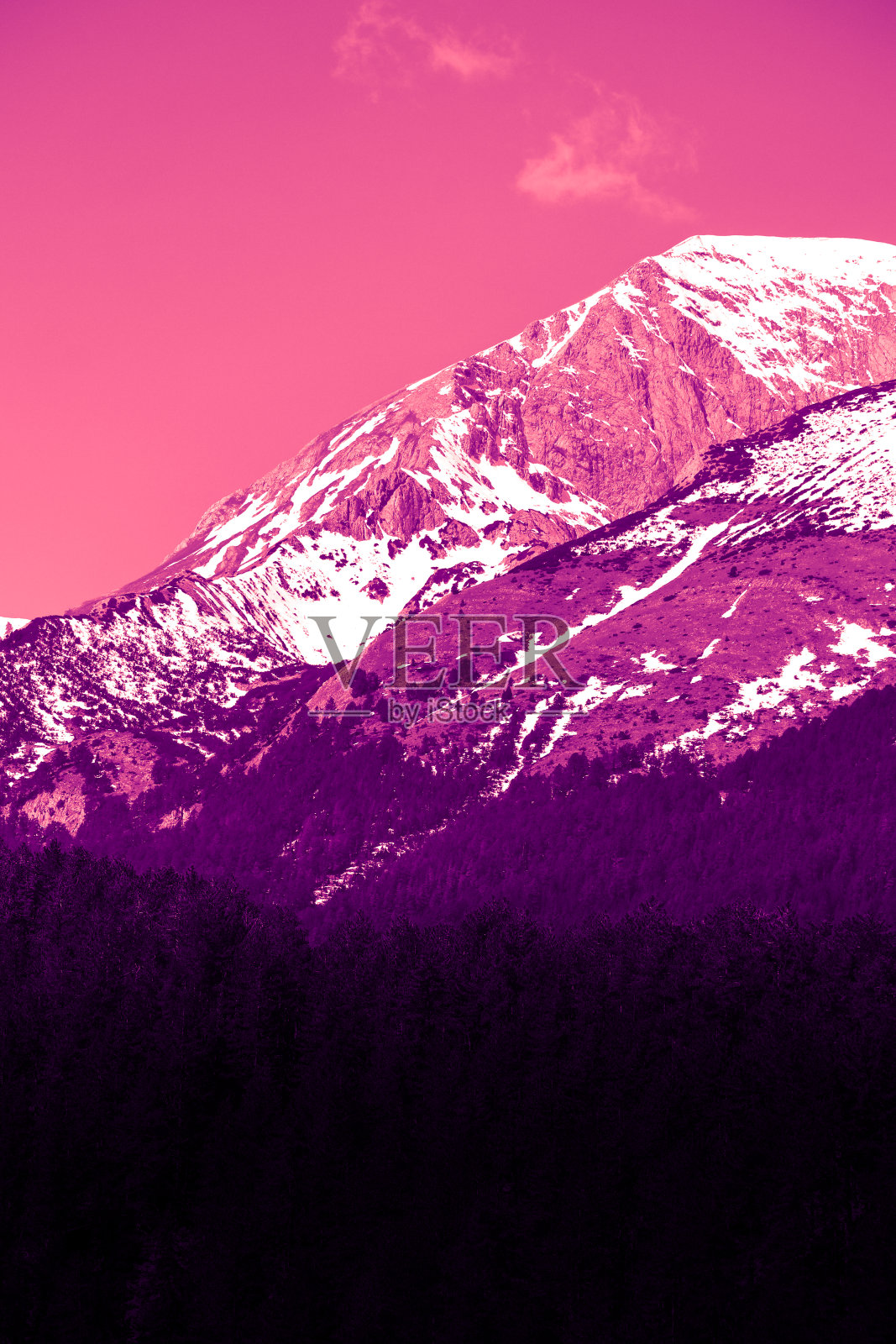 美丽神秘的山脉日落景观。神秘的高山清晨，紫色和粉红色的日出。照片摄影图片