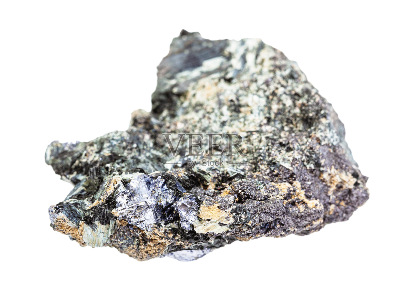 粗辉钼矿晶体在蓝发石孤立照片摄影图片