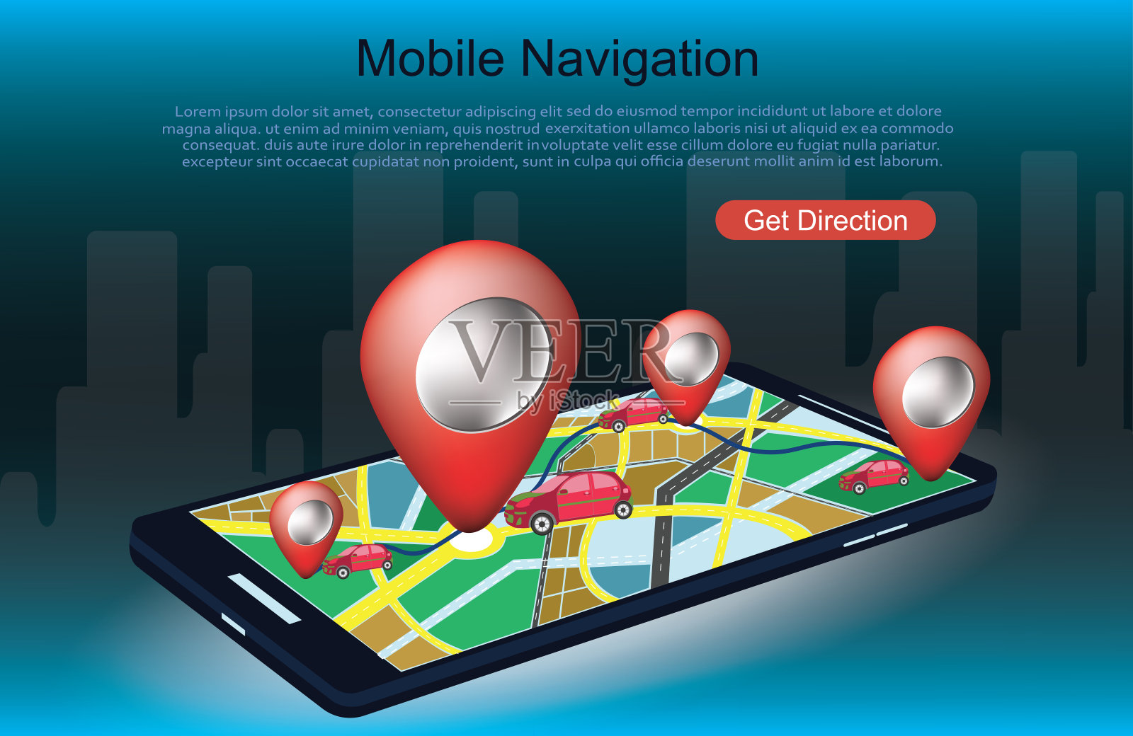 智能手机地图上的红色指针。GPS导航插画图片素材