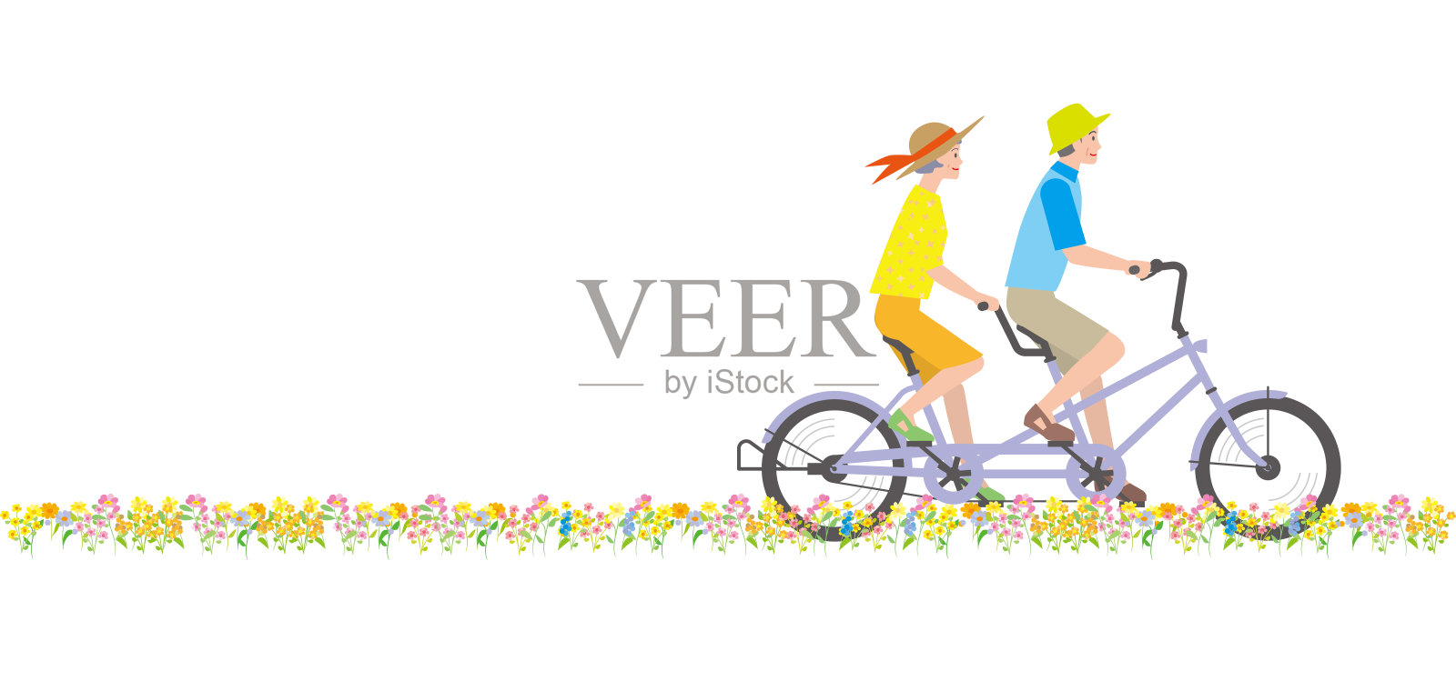 一对老年夫妇在花园里骑双人自行车插画图片素材
