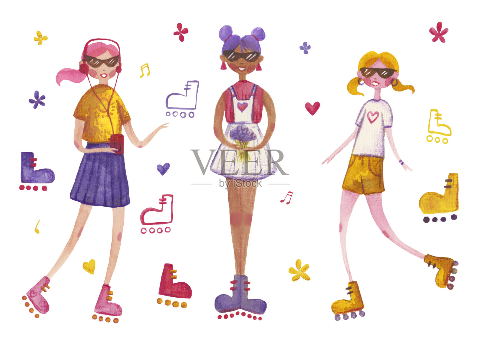 水彩剪纸人物十几岁的女孩溜冰鞋，有趣的夏天插画图片素材