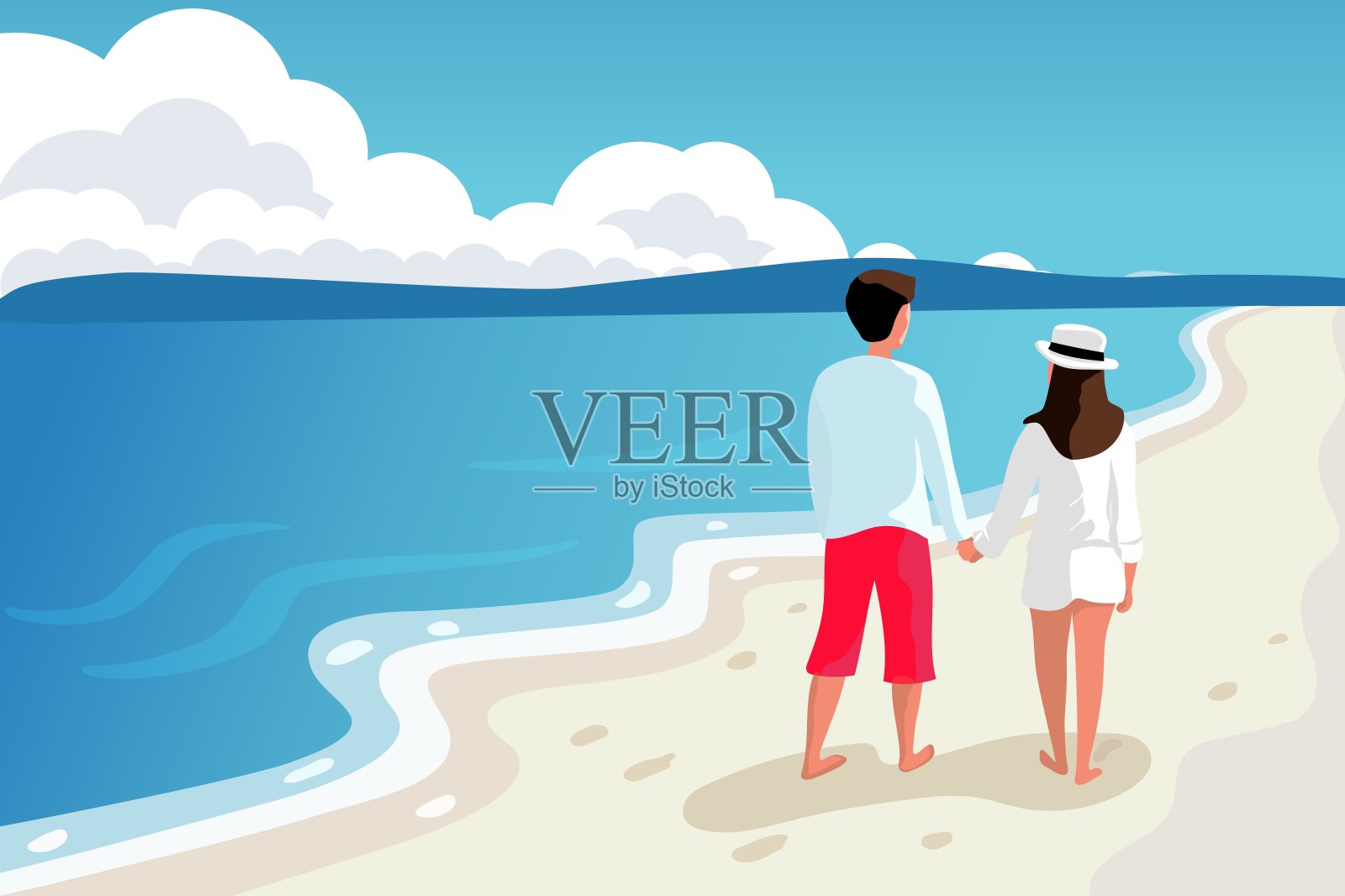 年轻夫妇男人和女人走在海滩上手牵手矢量插图插画图片素材