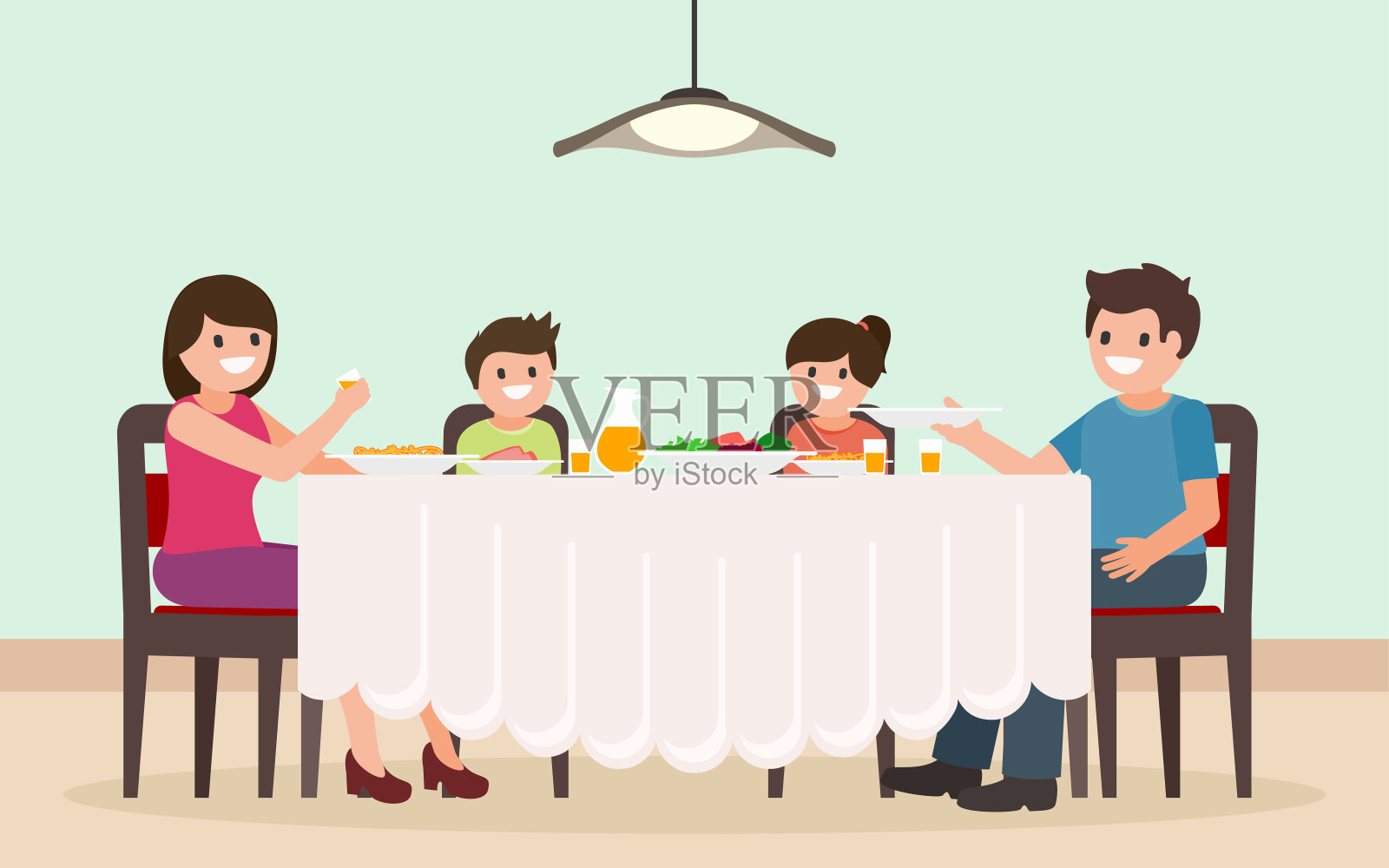 家庭晚餐。卡通人物爸爸、妈妈、儿子和女儿一起吃饭。平的风格。孤立。矢量插图。插画图片素材