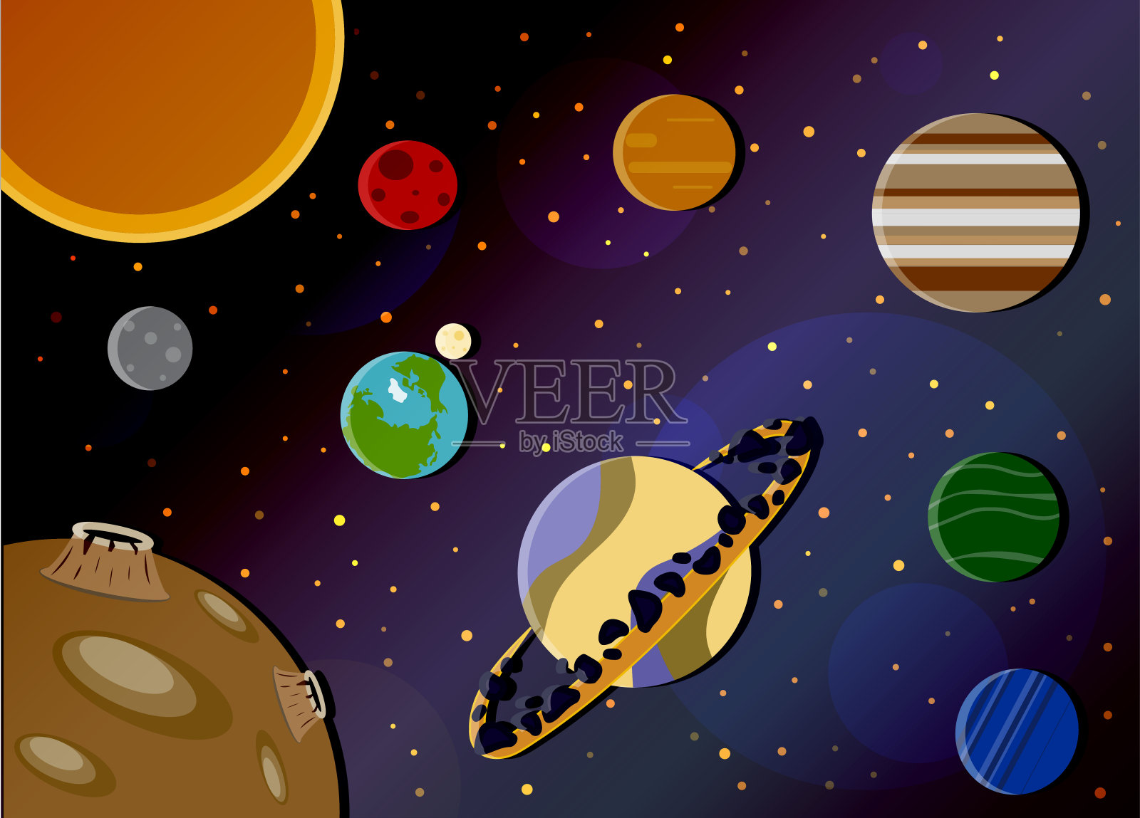 卡通空间插图与火箭，宇航员，行星和外星人。聪明可爱，儿童的矢量画关于宇宙飞船，飞碟和航天飞机。有土星、木星和其他恒星的空间。插图在蓝色，紫色和蓝色调。插画图片素材