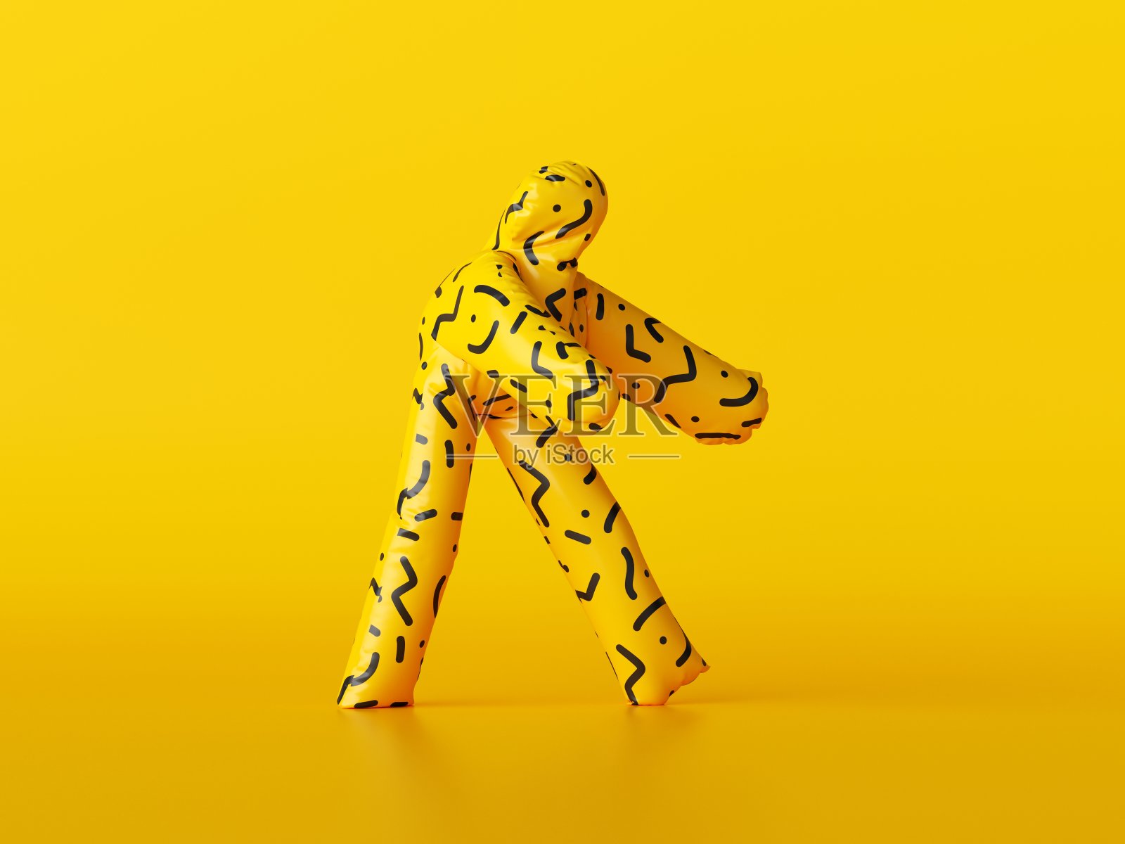 3d渲染，有趣的卡通人物孤立在黄色背景。充气玩具跳舞，不知名的现代吉祥物照片摄影图片