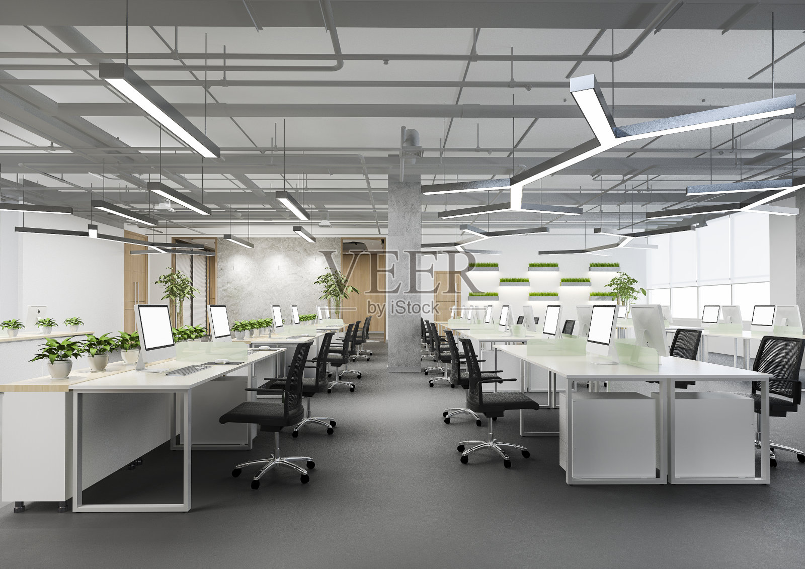办公大楼的商务会议和工作室的3d效果图，植物装饰照片摄影图片