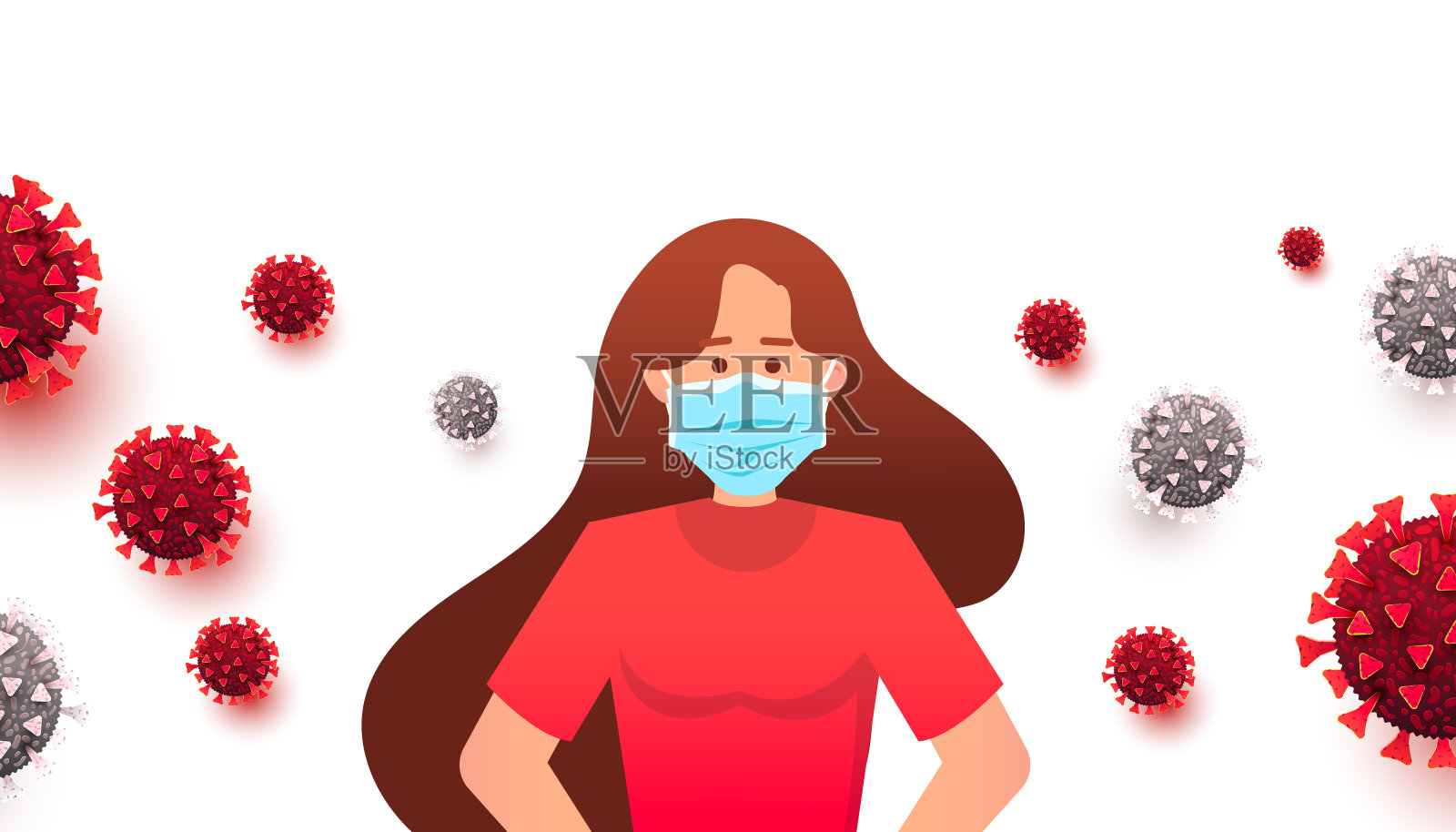 妇女戴医用口罩预防疾病、流感、空气污染、空气污染、世界污染。平面矢量插图，冠状病毒2019-nCoV设计元素图片