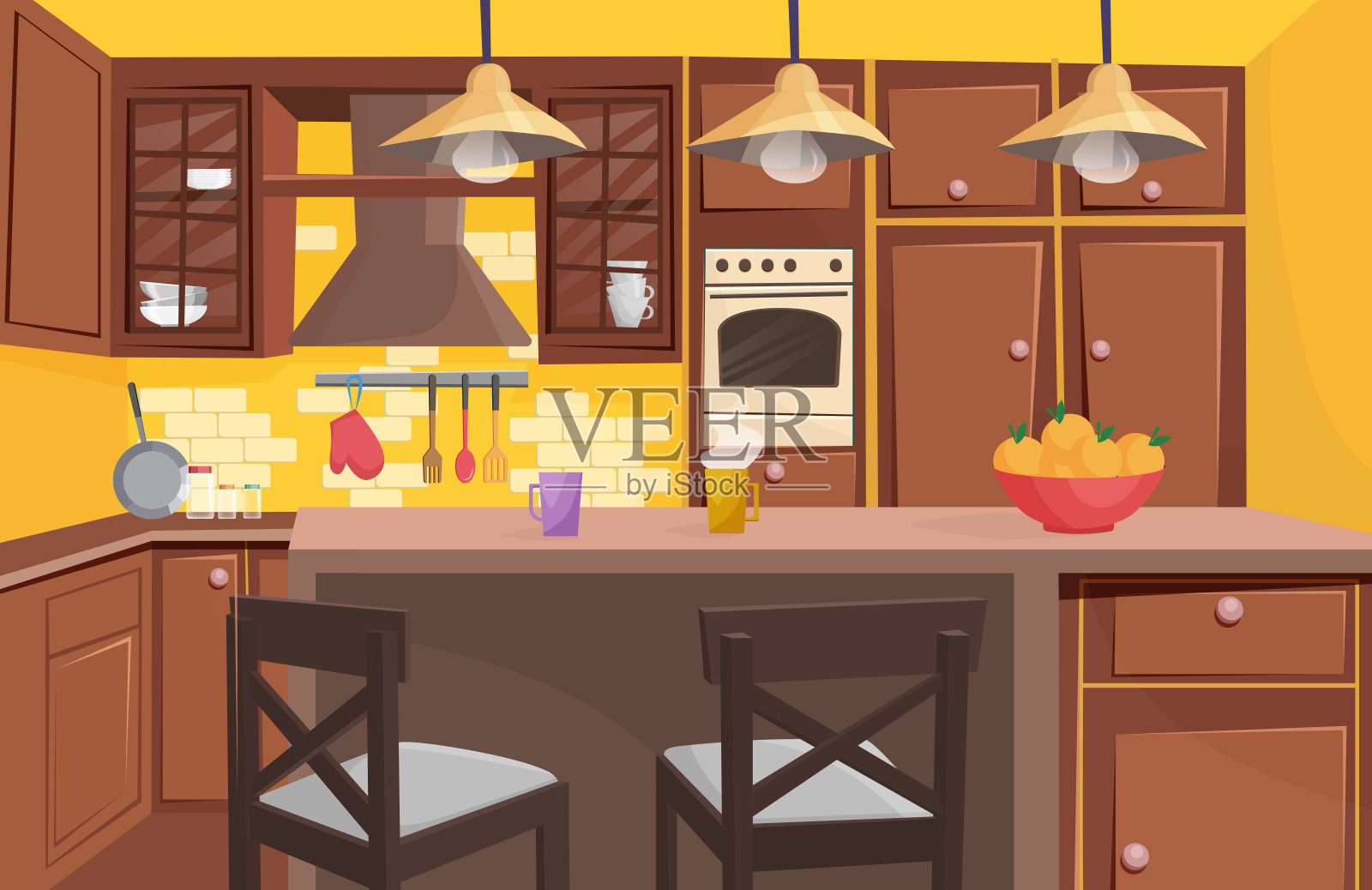 传统经典木制厨房室内平面卡通游戏风格矢量插画。阳光明媚的空间，漂亮的窗帘，紧凑的家具，家用电器。插画图片素材