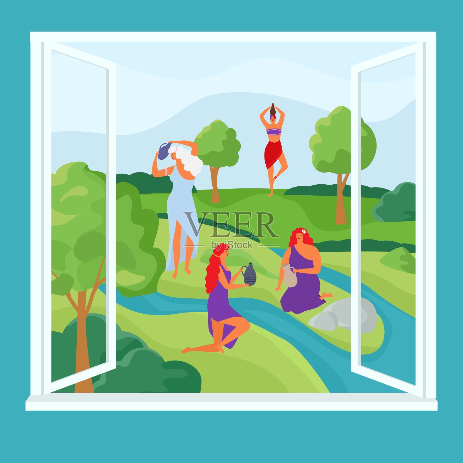 河与女人的性格在卡通窗口，矢量插图。女孩在自然和树捡水。绿草地景观插画图片素材