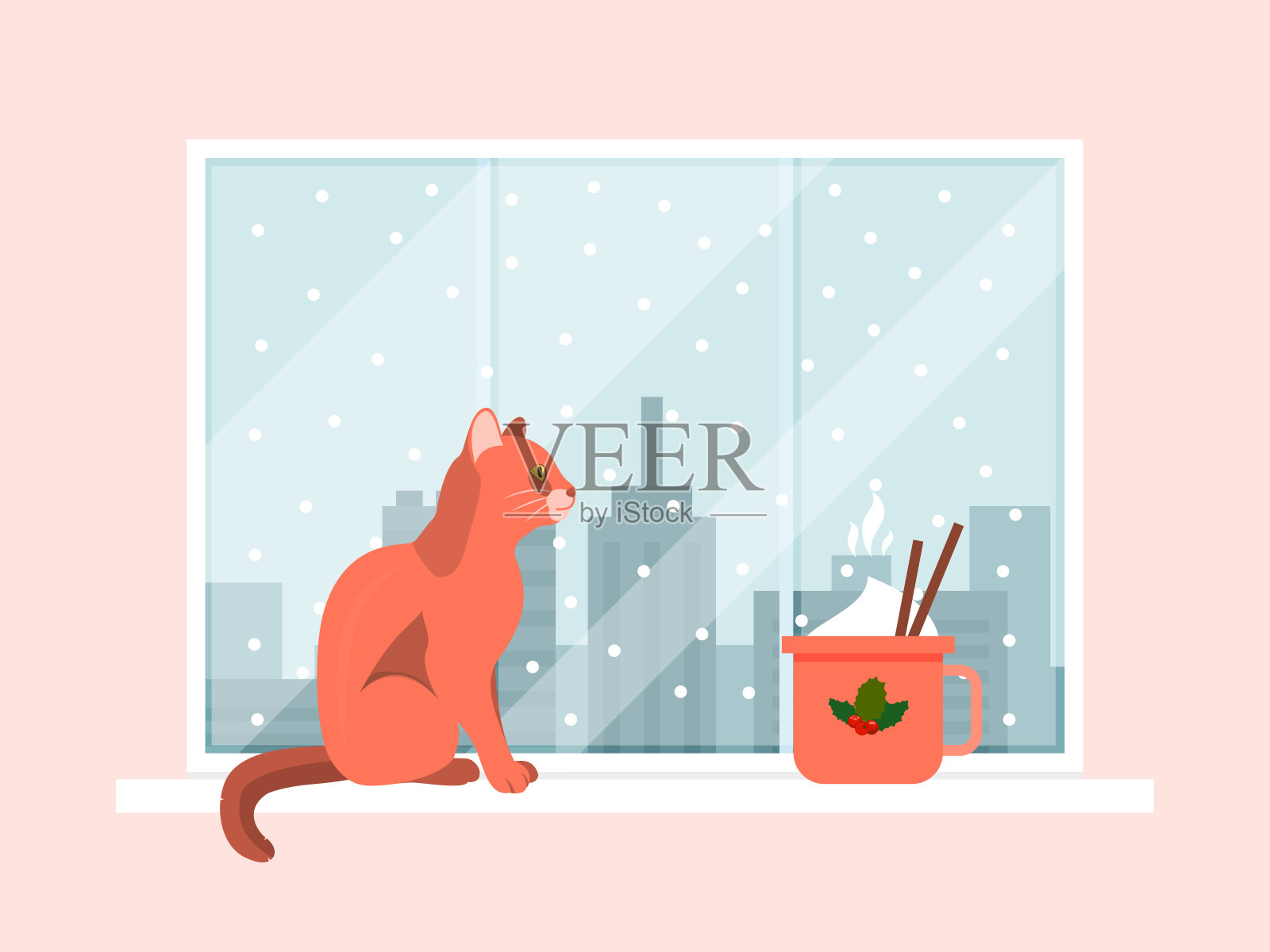 猫坐冬窗，舒适寒冷季节的城市景观和咖啡帽平面矢量插图。圣诞心情假日，城市空间景观。插画图片素材