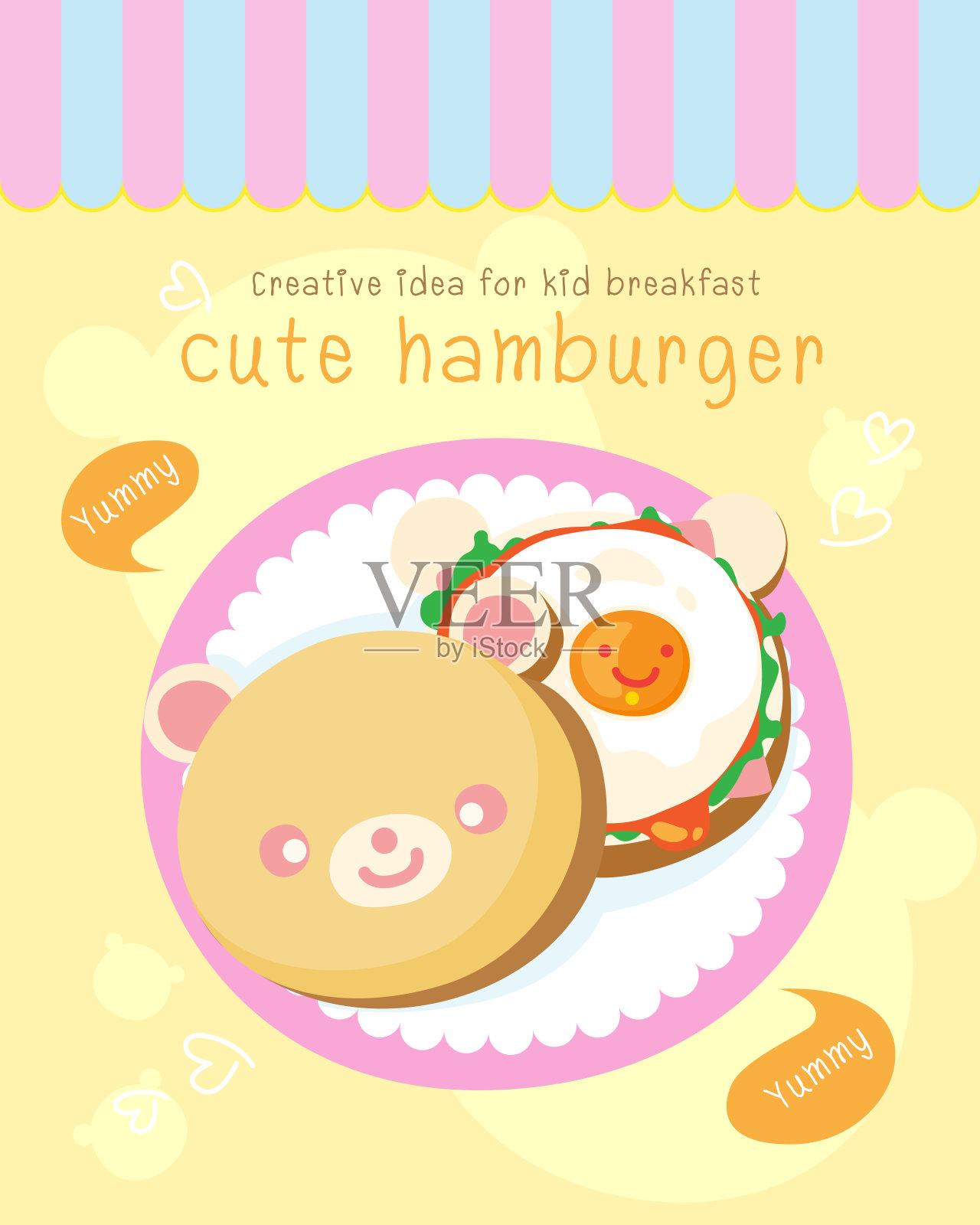 创意儿童早餐，可爱的汉堡，鸡蛋，西红柿，可爱的食物风格，矢量插图插画图片素材