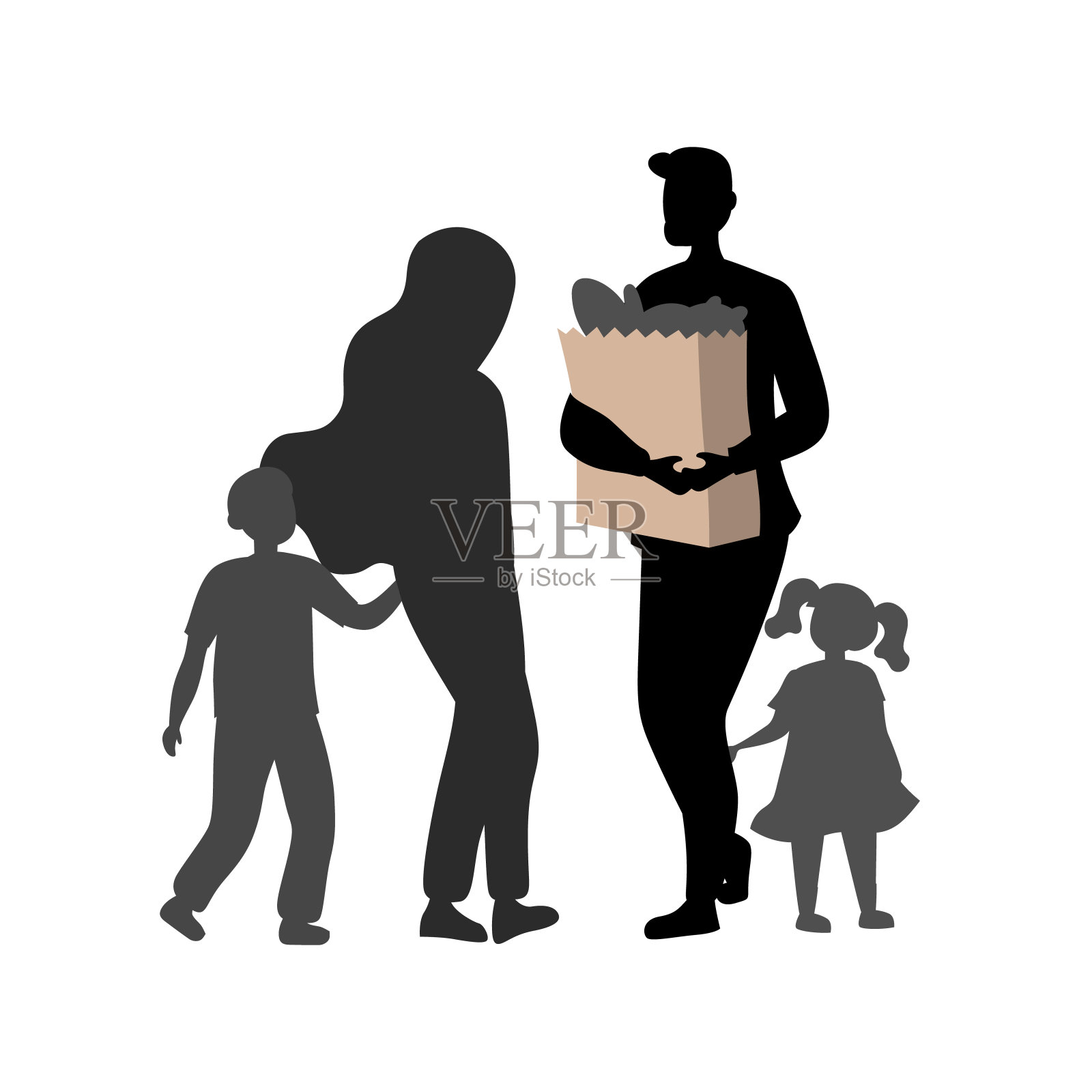 参观超市的概念。购物后父亲，母亲和孩子的剪影。父亲拿着装食物的纸袋。家庭时间的概念。卡通平面矢量插图插画图片素材