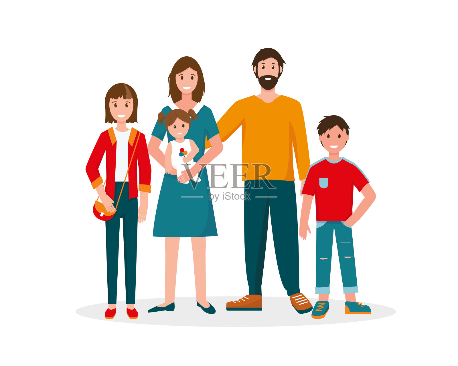 幸福的全家福。父亲，母亲和三个孩子。矢量插图上的白色背景。插画图片素材