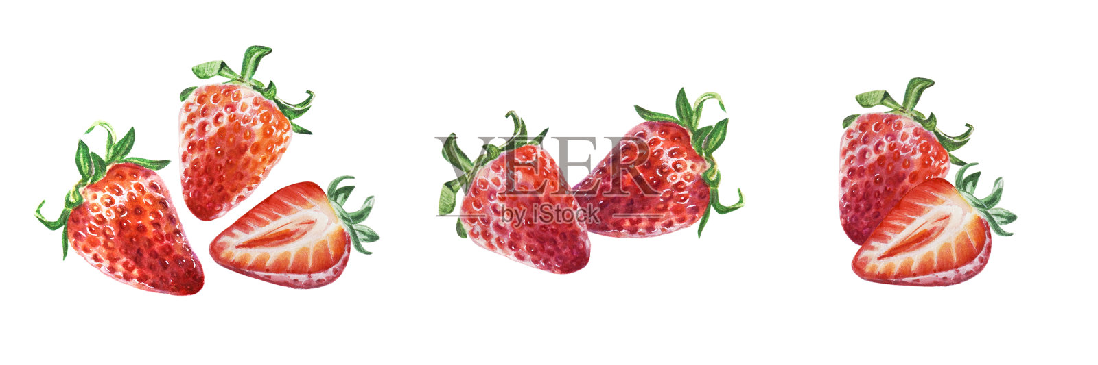 水彩红色多汁草莓与半浆果集。手绘食物插图。水果打印。插画图片素材