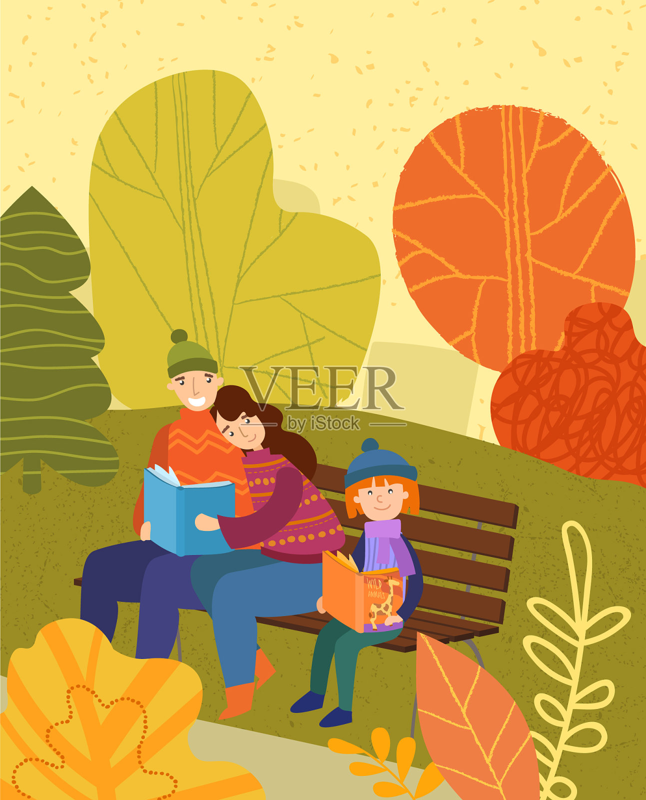 一家人坐在秋季公园的长椅上休息插画图片素材