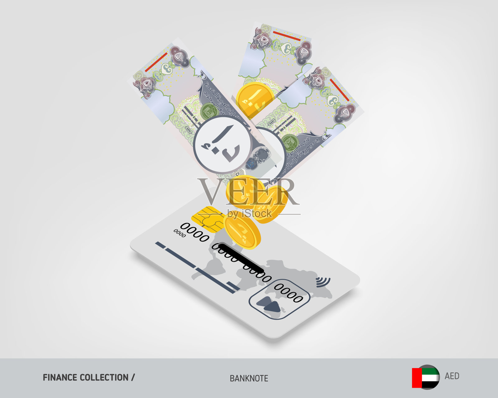 空运银行卡有500张阿联酋迪拉姆纸币和金币。平面风格矢量插图。插画图片素材