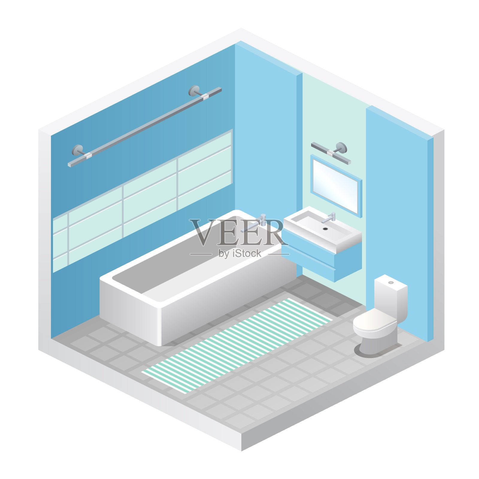 等距视图中浴室极简室内的矢量插图插画图片素材