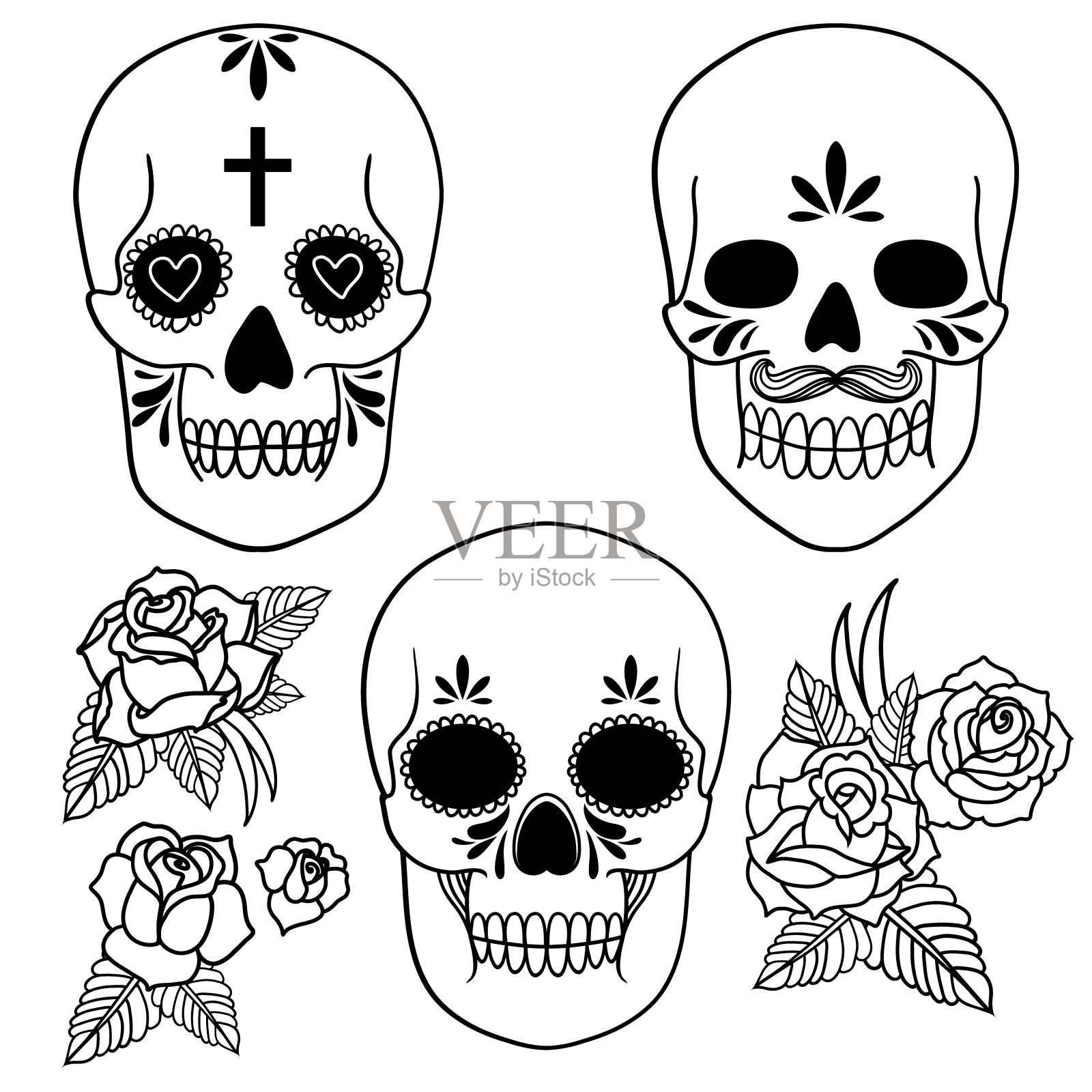 矢量孤立的插图一个头骨与玫瑰和树叶。黑色和白色插画图片素材