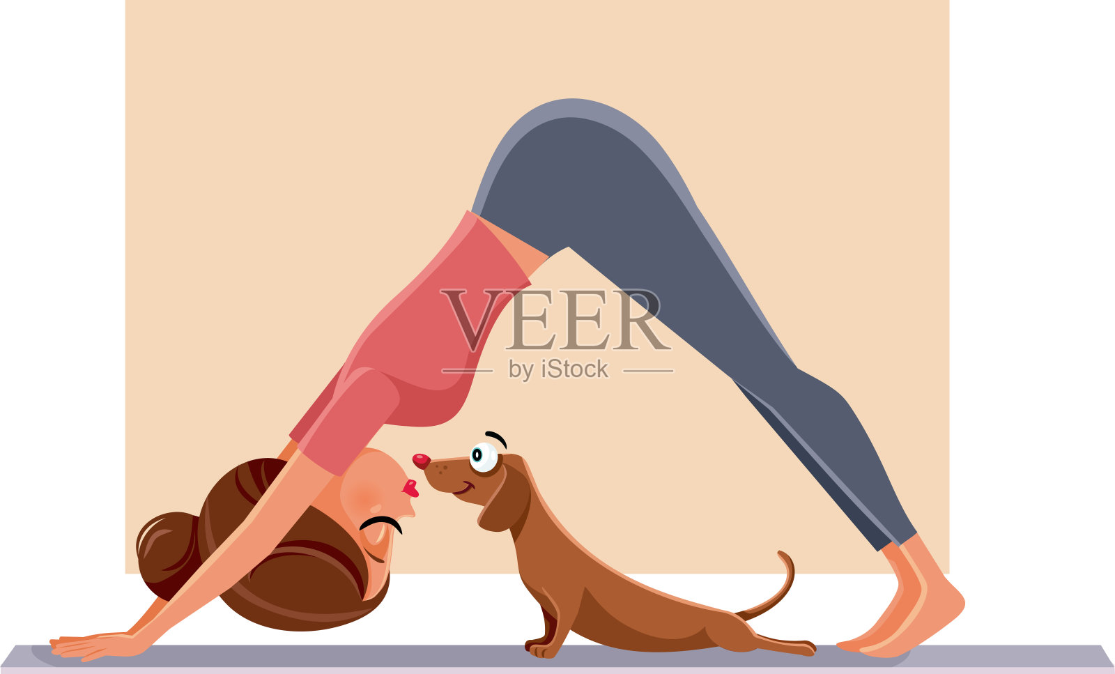 有趣的女孩在瑜伽垫上和她的狗一起锻炼插画图片素材