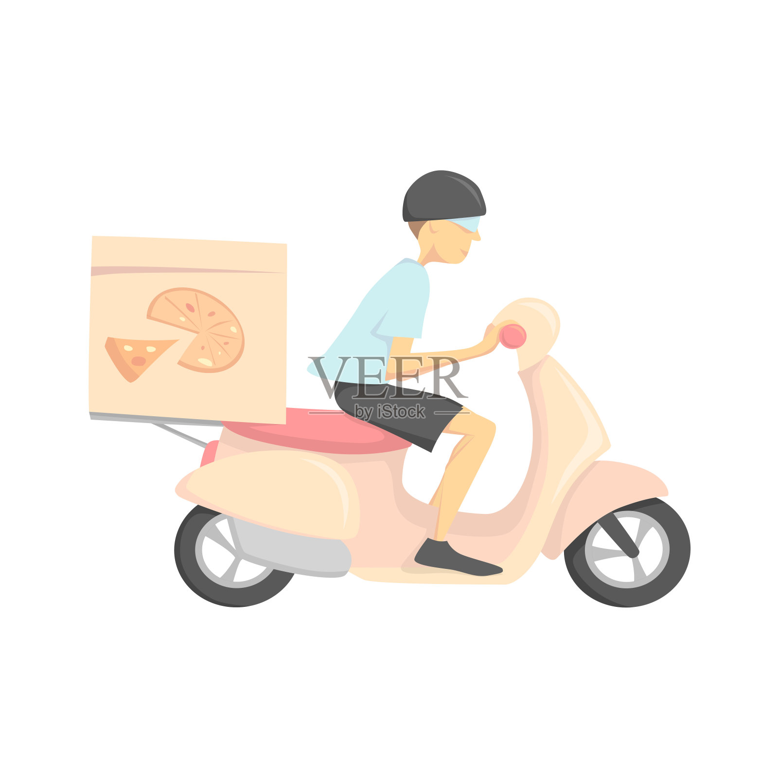 披萨外卖，餐厅摩托车送餐服务。平面设计卡通矢量插图。侧视图。插画图片素材