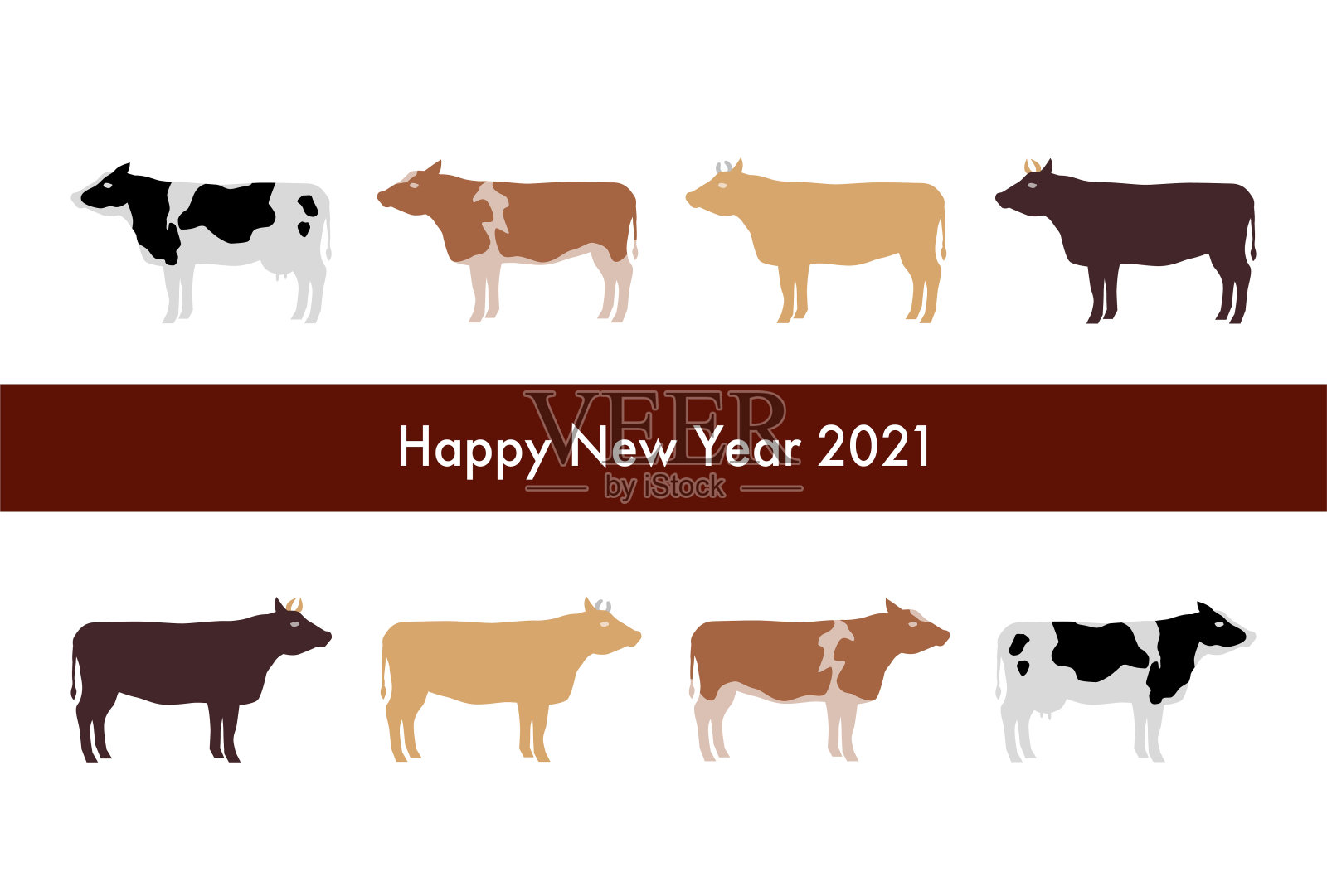 2020年贺年卡。牛年。牛的矢量插图。牛,牛,牛。插画图片素材