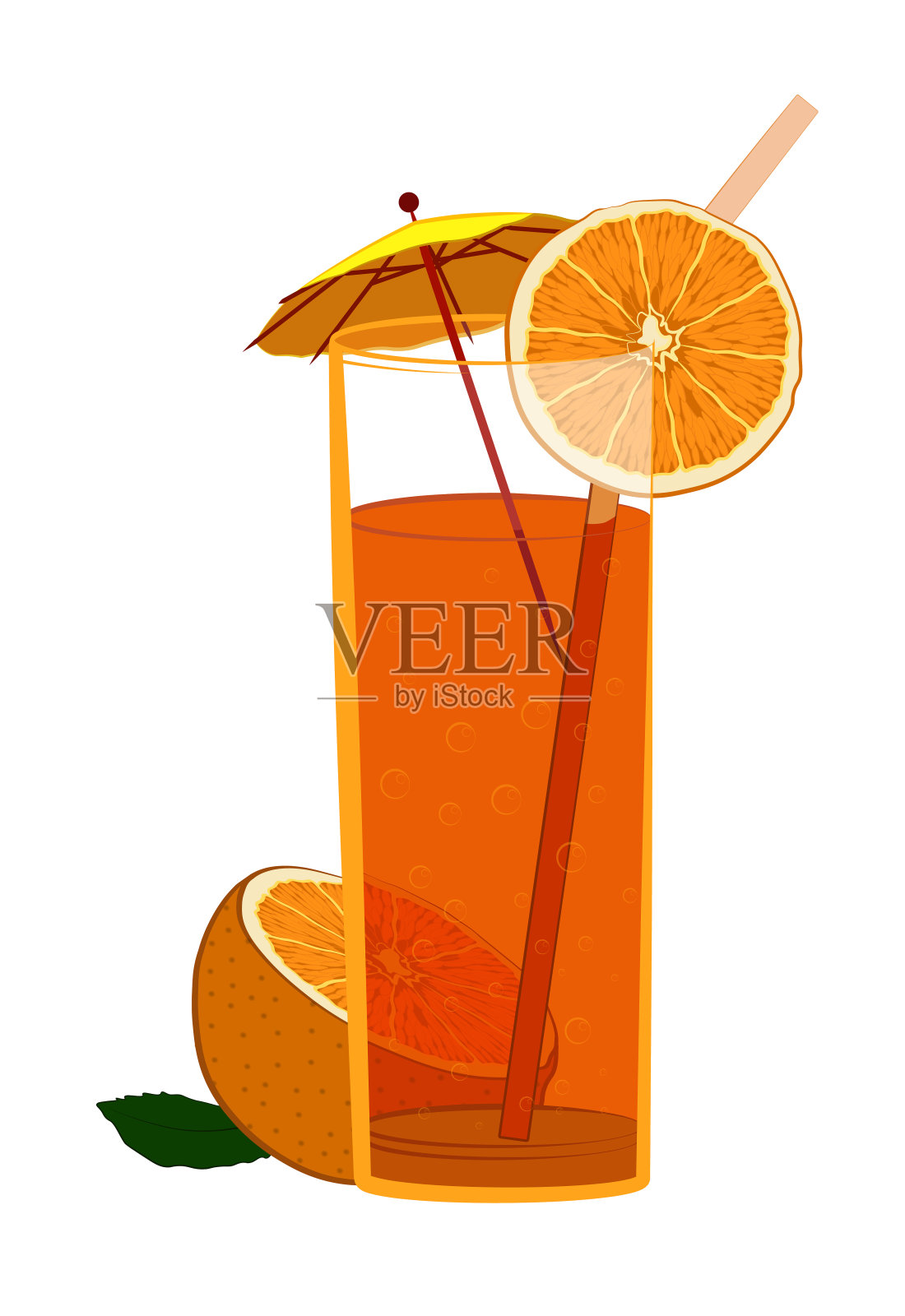 杯中点缀着闪闪发光的橙汁和一把装饰伞。鸡尾酒，酒精饮料，咖啡馆插图，餐厅菜单。孤立的矢量在白色的背景插画图片素材