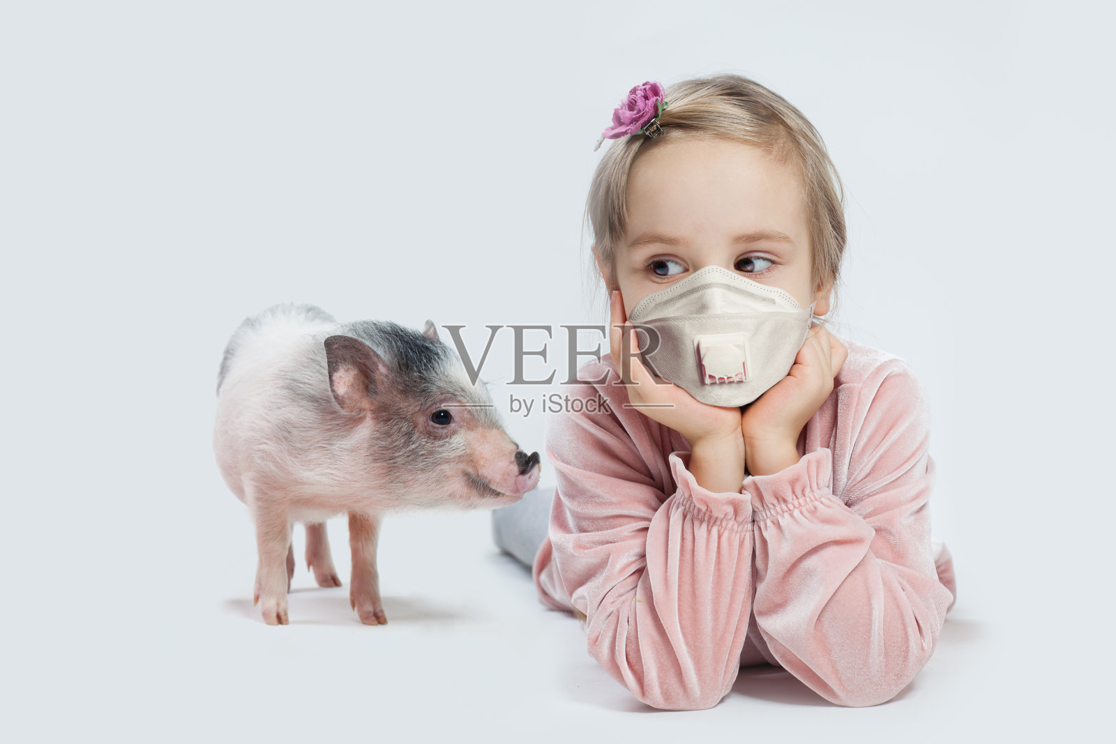 戴着医用口罩的小女孩和白色背景上的猪照片摄影图片