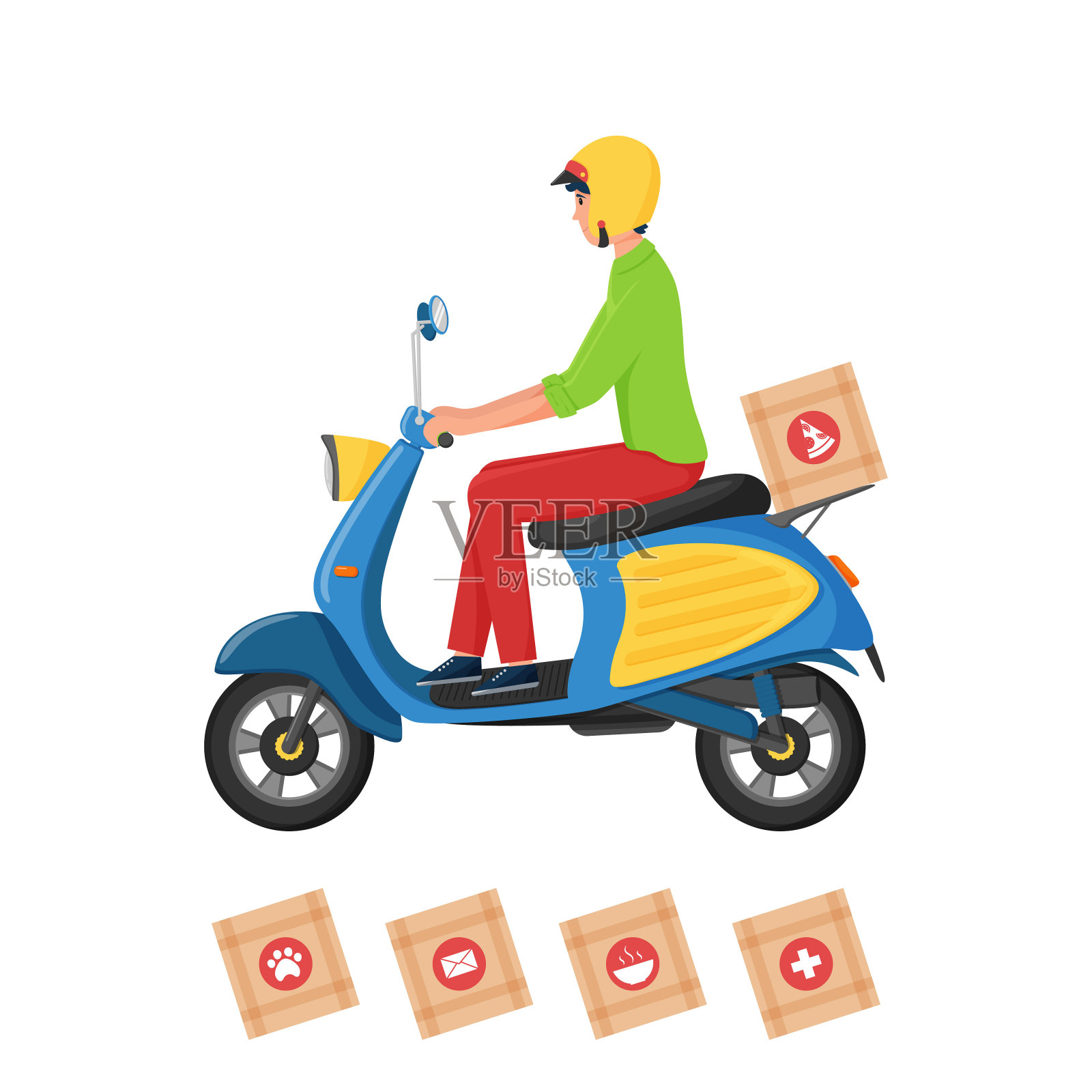 一位年轻的男快递员骑着摩托车递送各种货物。孤立在白色的。这个角色是一个戴着头盔骑着助力车的男人。向量。平的风格。交付概念的说明。插画图片素材
