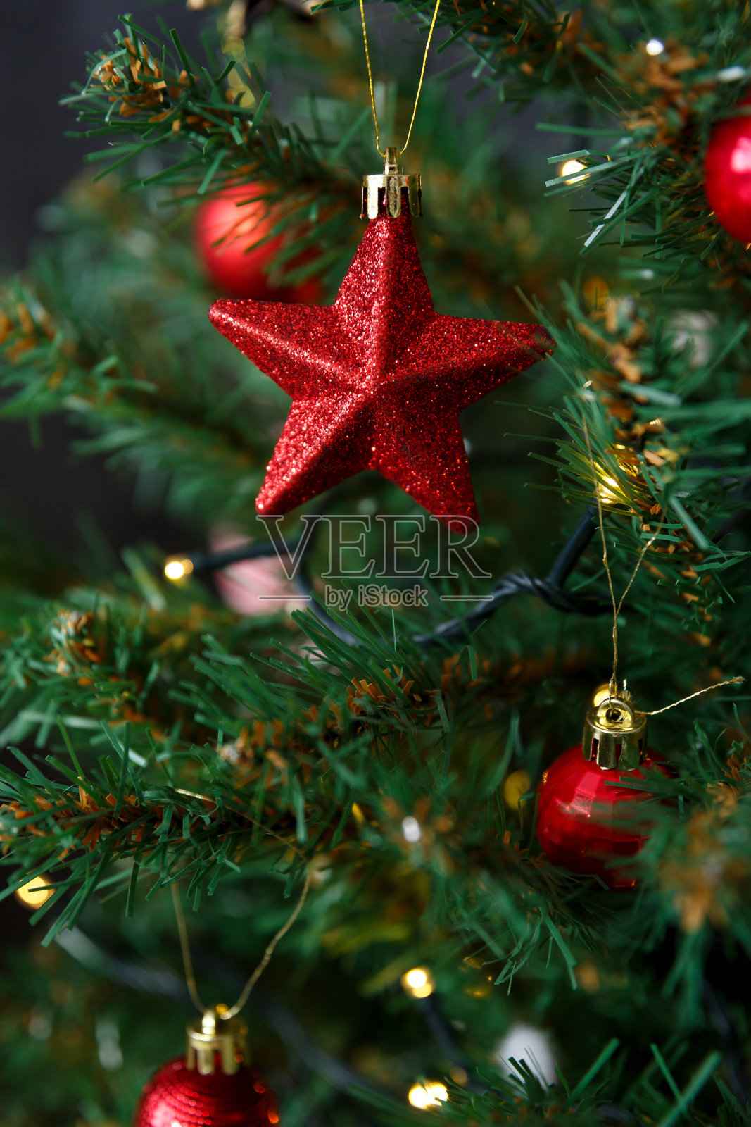 一个星星形状的圣诞玩具挂在树枝上照片摄影图片