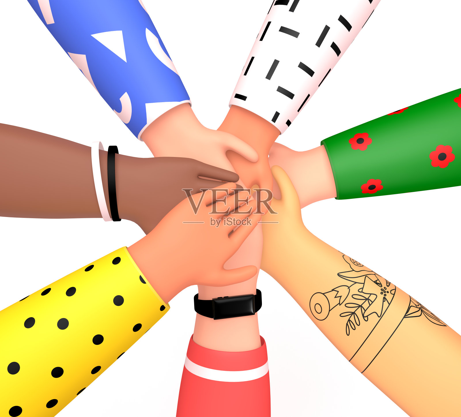 一群人互相把手放在一起。友谊、伙伴、团队、社区、团队建设理念。3d渲染插图在时尚的卡通风格插画图片素材