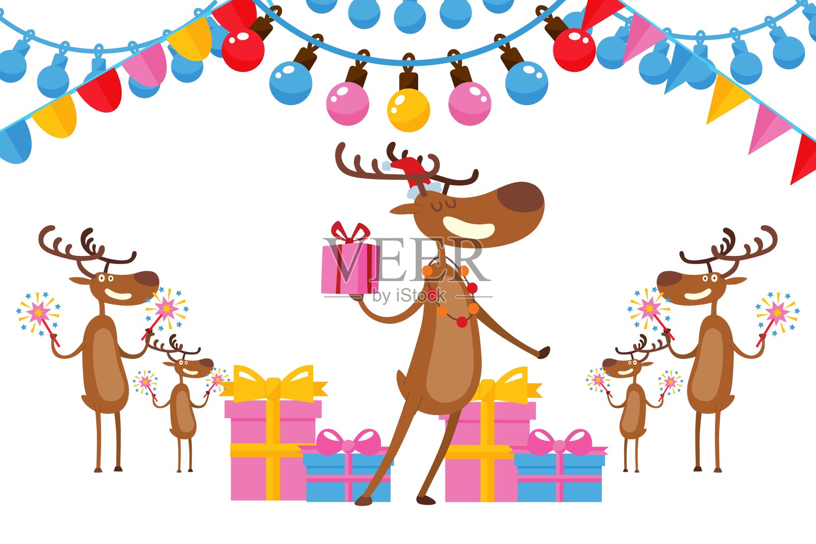 鹿庆祝新年在友好的公司矢量插图。性格赠送节日礼物，恭贺快乐。插画图片素材