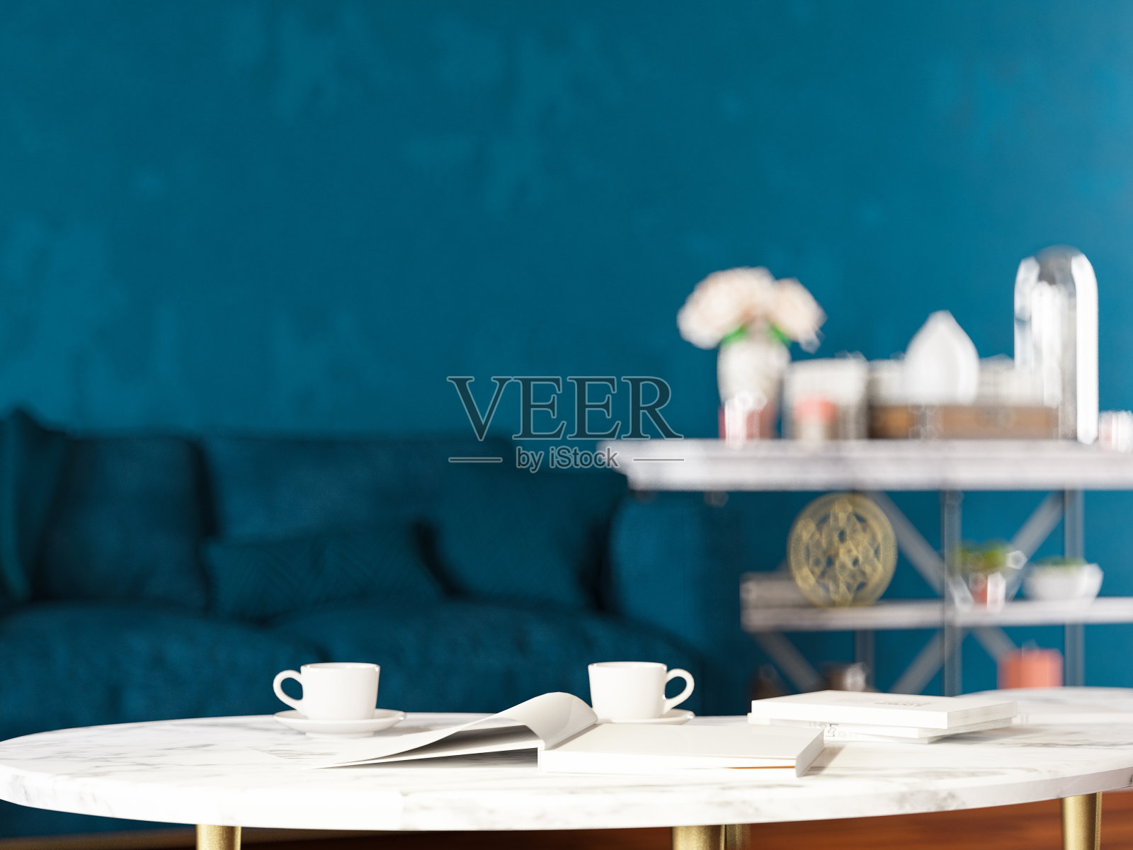 专注于咖啡桌与现代蓝色客厅背景照片摄影图片