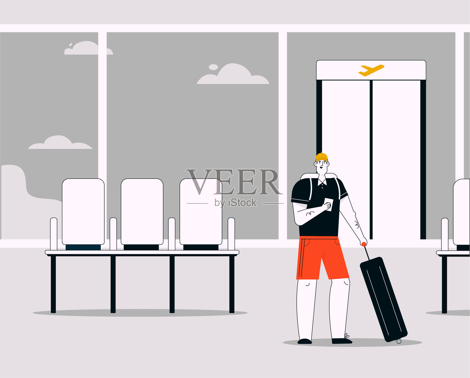 向量线性插图微笑的男子与行李在机场插画图片素材