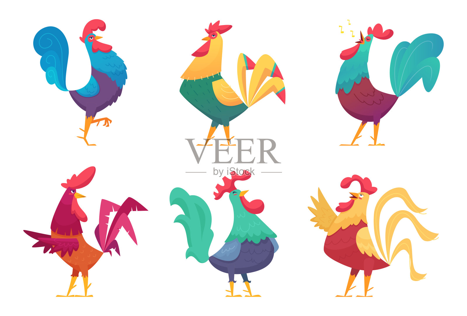 公鸡卡通。鸡场雄性鸟类与彩色羽毛矢量字符在不同的姿态插画图片素材