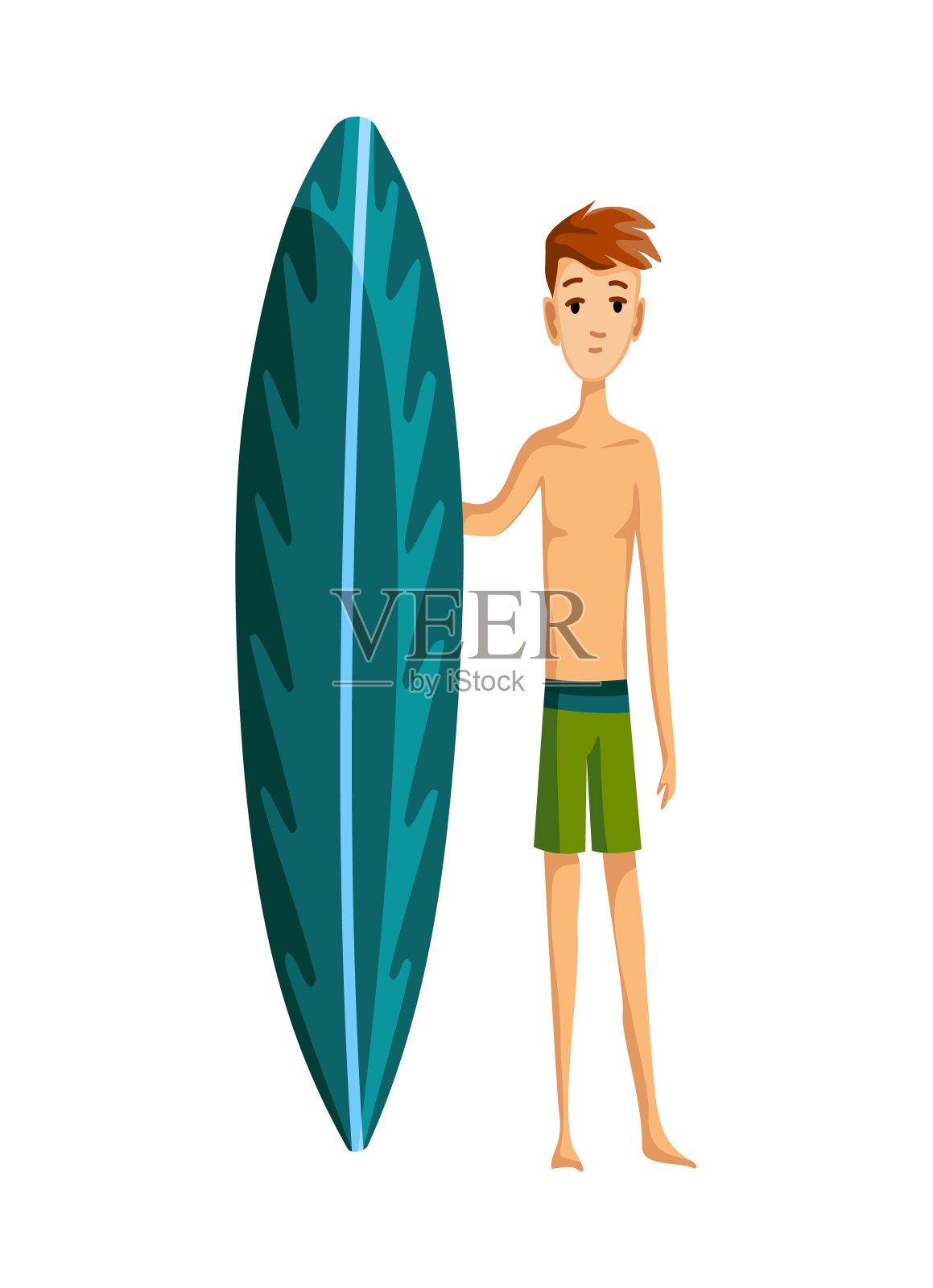 夏天的海滩活动。一个拿着冲浪板的人。海滩度假。卡通风格设计元素图片