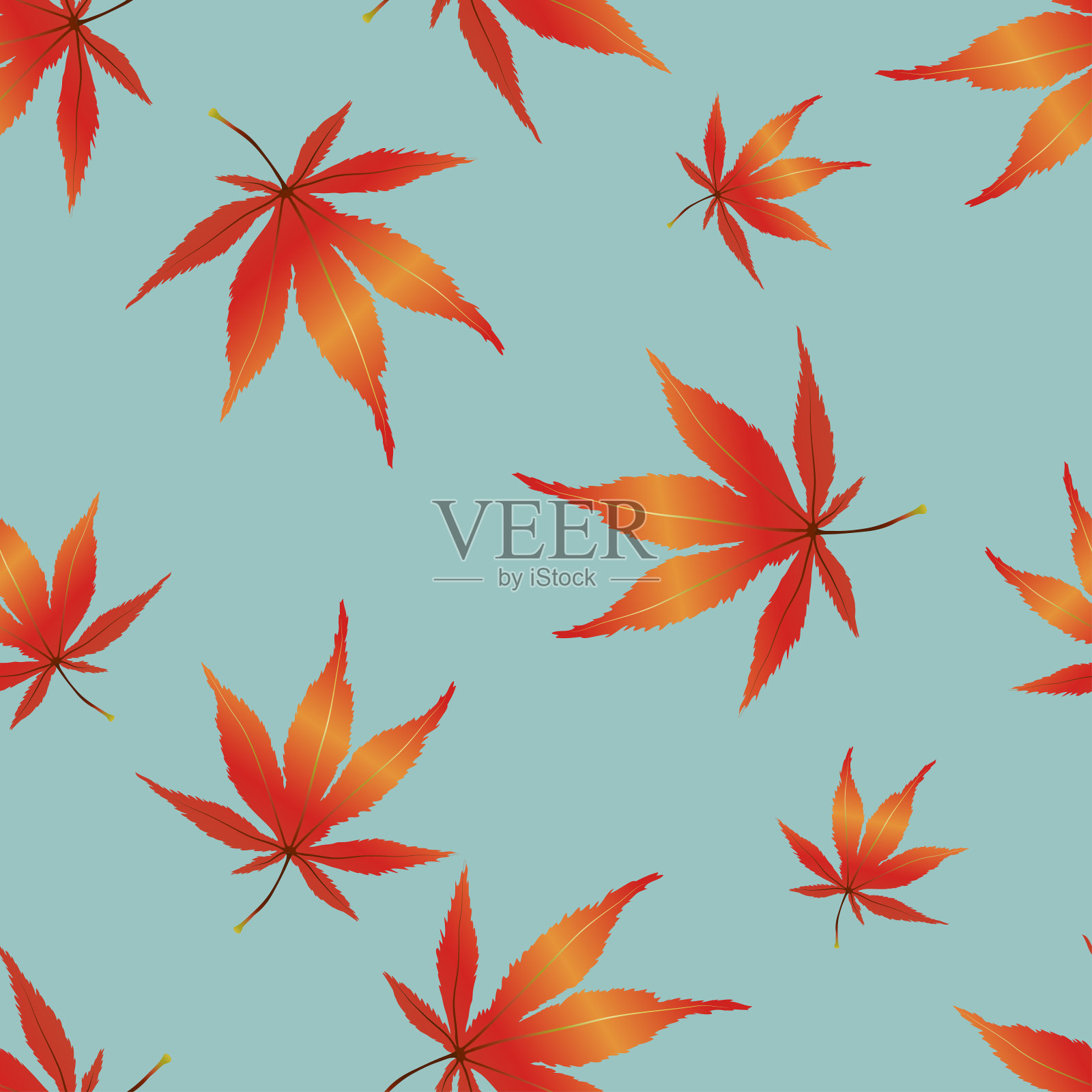 无缝图案秋天的叶子落在蓝色柔和的背景，矢量无缝秋季背景墙纸或织物在橙色和黄色的树叶背景图片素材