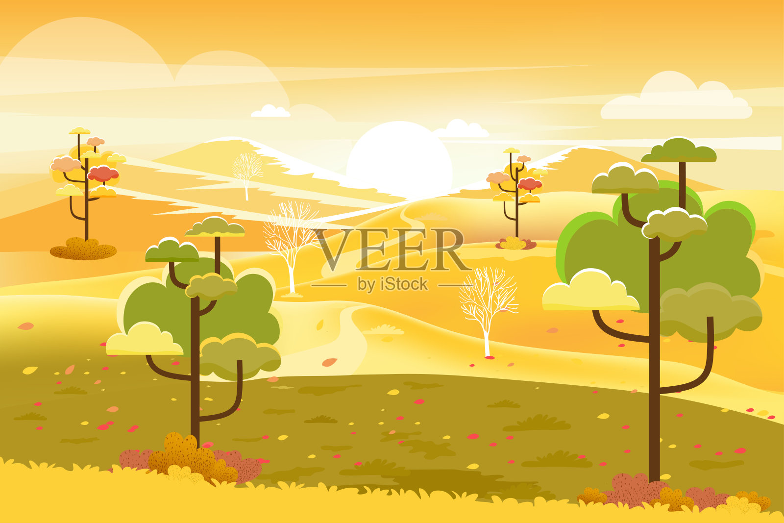 全景的英国乡村的秋天景观与森林树木和树叶飘落的矢量插图，全景的农场，南瓜树下的秋天季节与黄色的树叶。插画图片素材