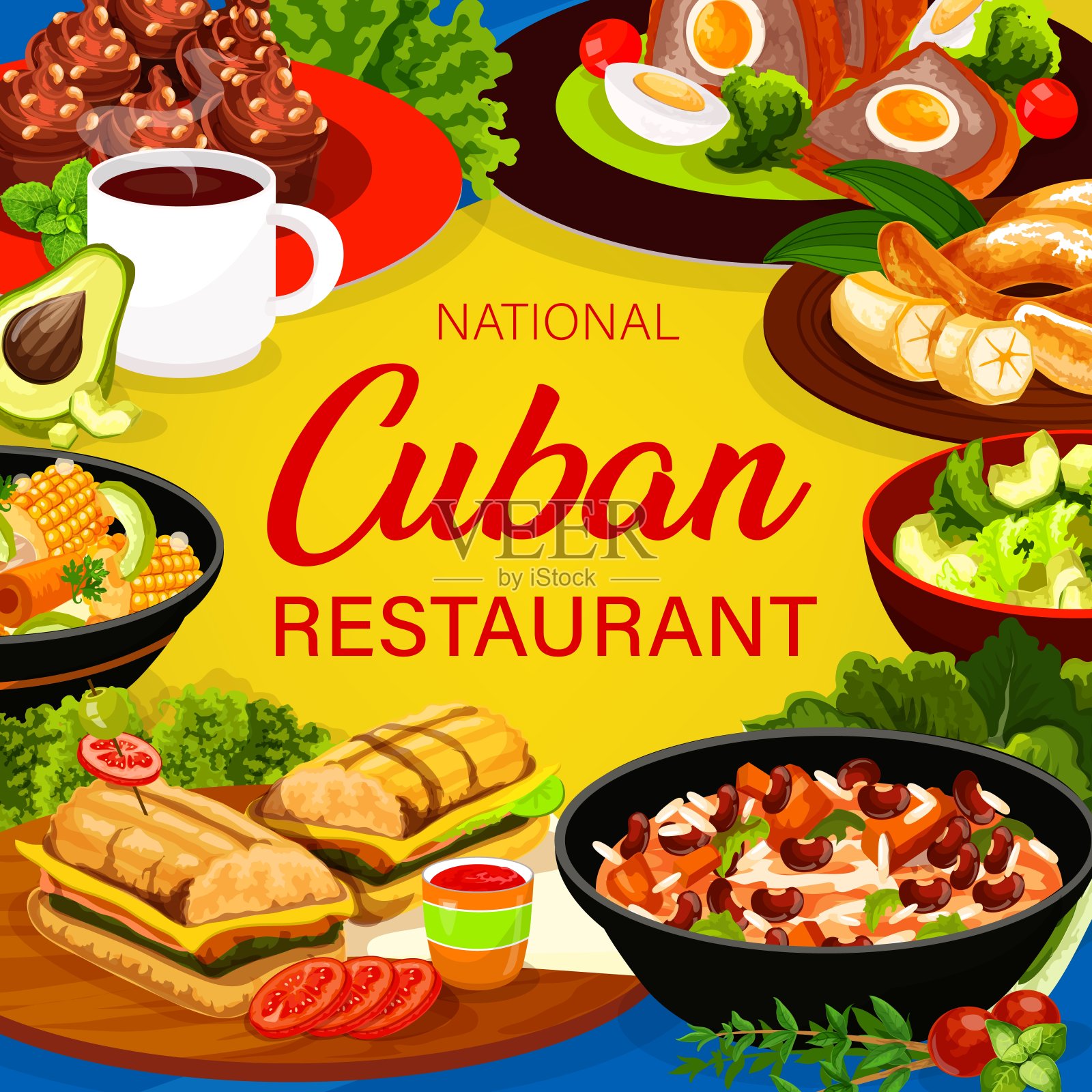 古巴美食餐厅方形矢量海报插画图片素材