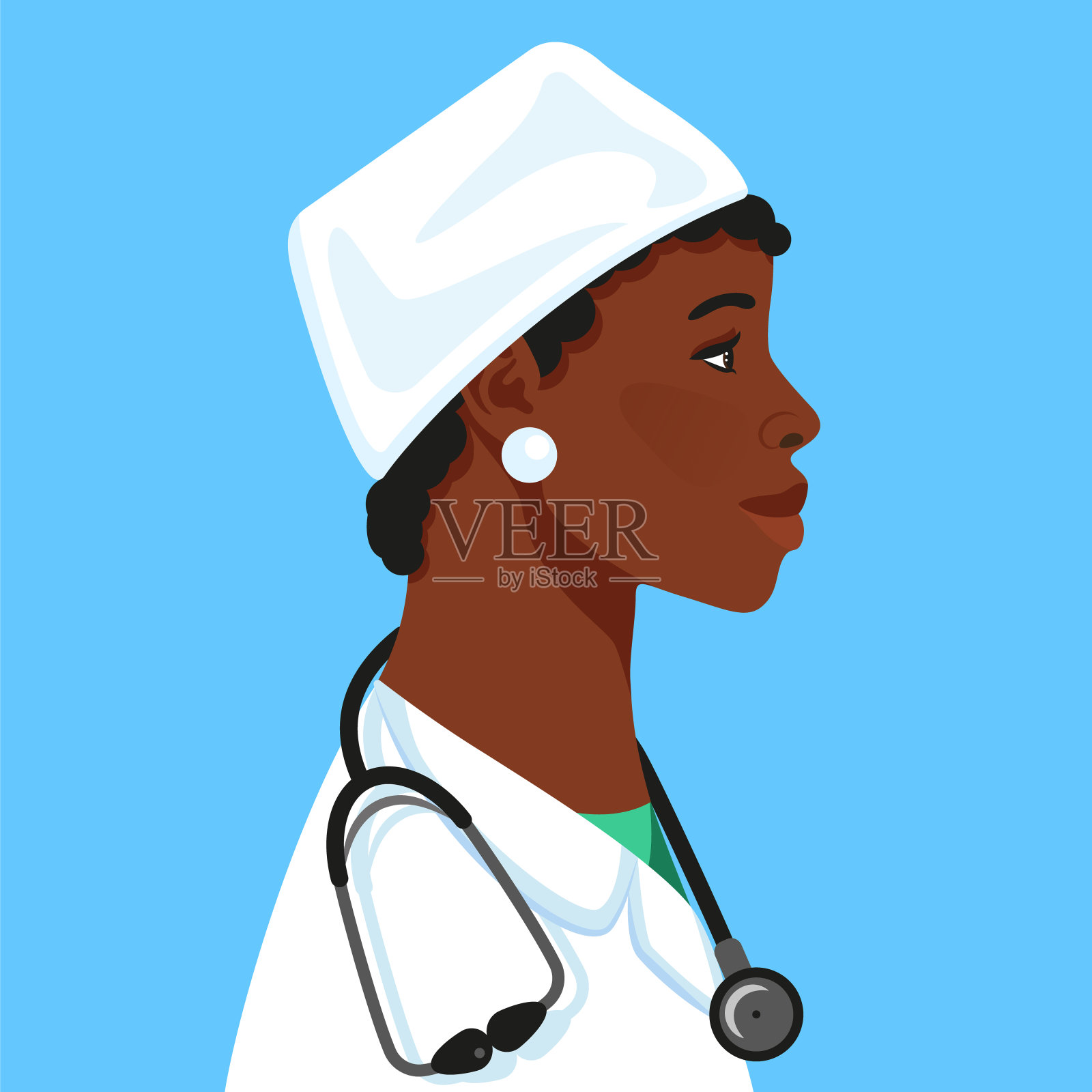 非裔美国女医生在一个医疗帽与医疗面罩，听诊器的化身。医疗个人。治疗师。医院的护士。设计元素图片